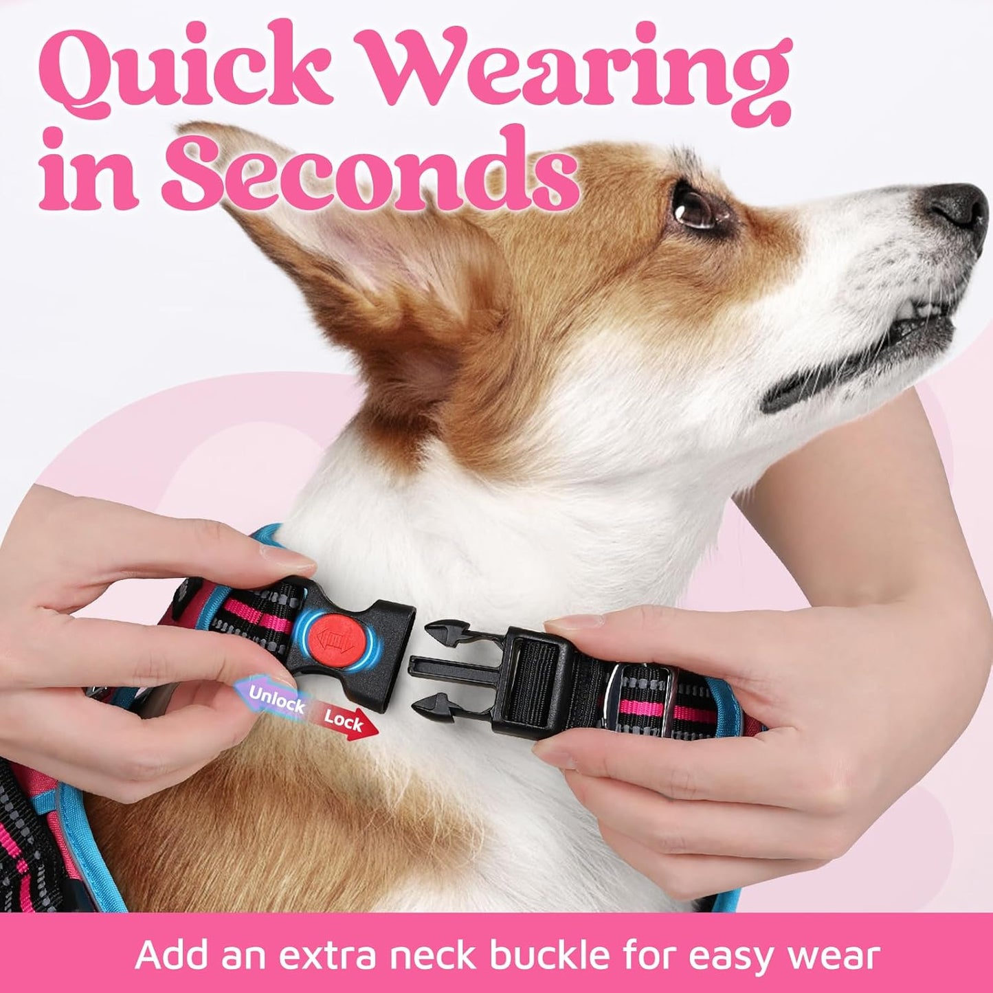 rabbitgoo Dog Harness Medium Sized, No Pull Dog Vest with 3 Buckles, Adjustable Soft Padded Pet Harness with Easy Control Handle and Reflective Strips, Rose Pink & Blue, M