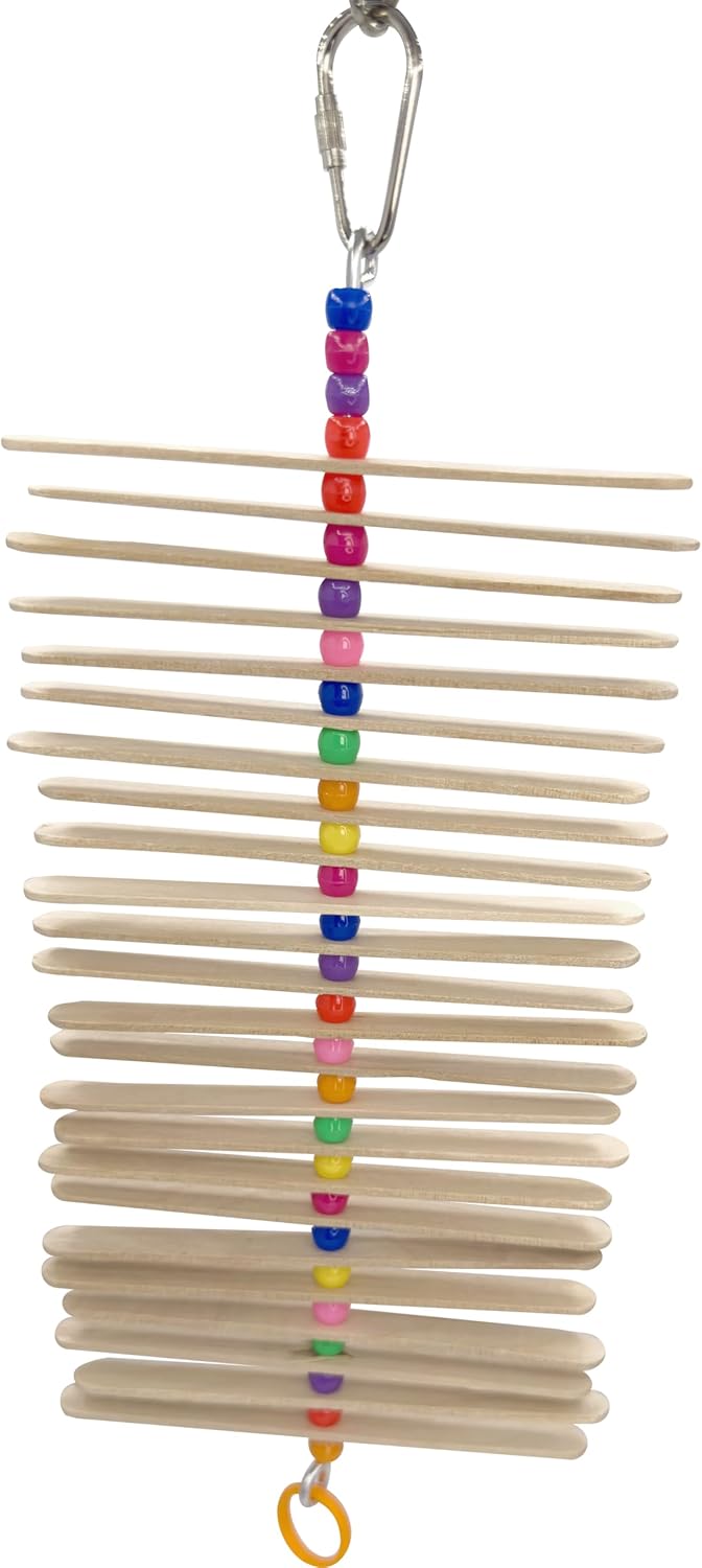 858 Mini Long Stick Toy - Handcrafted with Wooden Slats, Plastic Beads and Rubber Ring, Sticks Turn Around as Pets Play, Great for Budgies, Lovebirds, Parrotlets and Other Small Birds