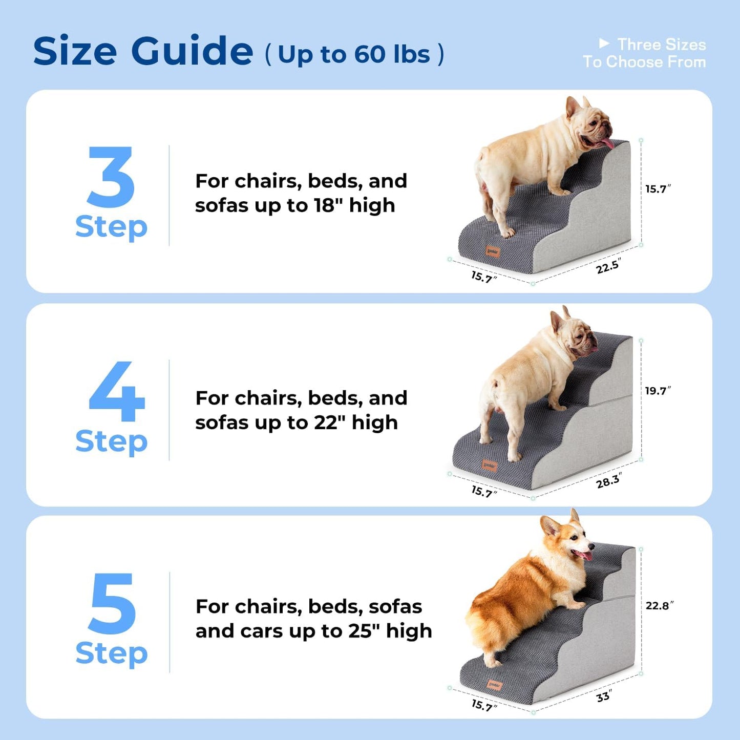Dog Stairs Ramp for Bed 19.7" H - Pet Stairs Steps for Small to Medium Dogs to Get on Bed and Couch, 35D Foam with Non-Slip Bottom Brown, 4 Steps