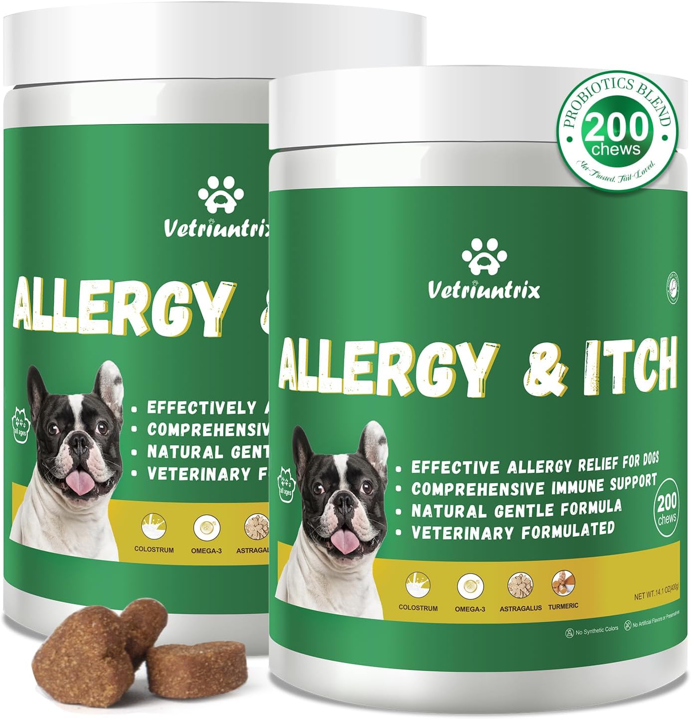 Dog Allergy Chews, 400PCS Dog Itching Skin Relief with Probiotics Omega 3, Allergy Relief for Dogs Itching Licking Paws, Support Seasonal Allergy, Gut & Digestive Health and Immune System