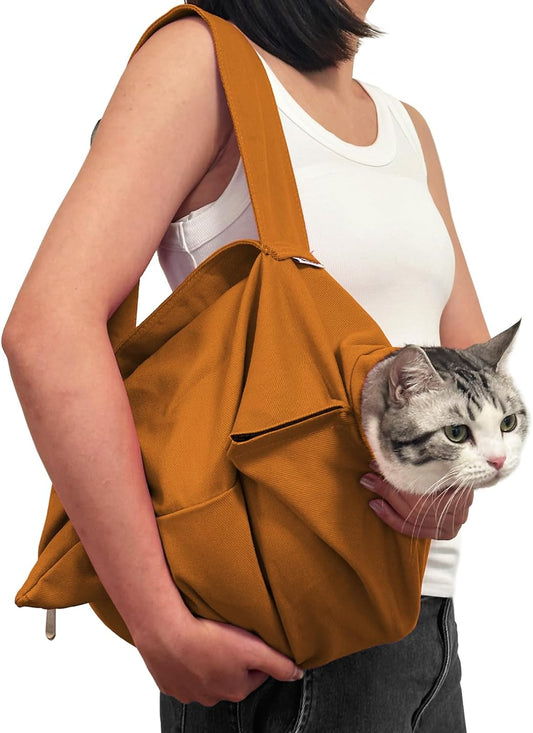 [Cozy Travel] Cat Carrier Pouch, Soft Sided Cat Sling Bag for Small Medium Cats, Carrying Sack, Restraint for Nail Trimming, Grooming,Caramel Small Upgrade