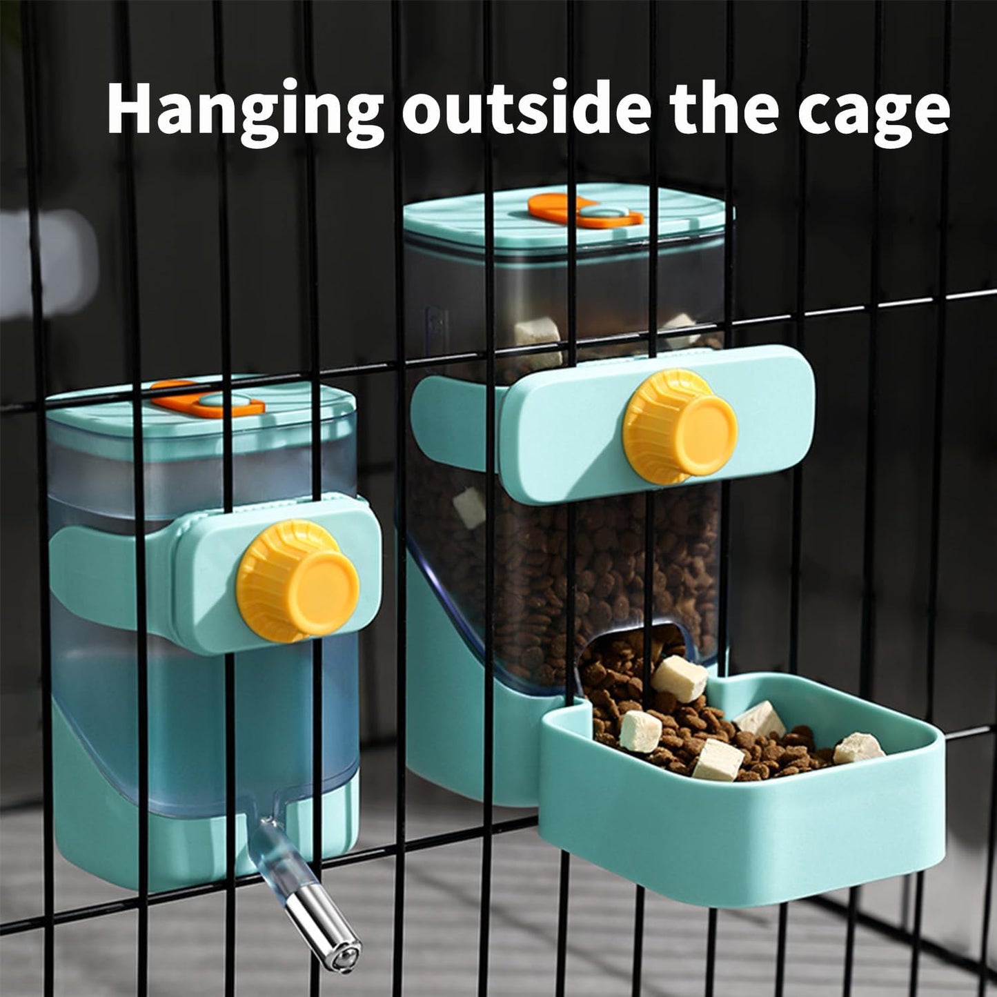 PODOO Rabbit Food Water Dispenser, 24oz No Drip Bunny Water Feeder, 34oz Large Hanging Automatic Pet Food Dispenser, Hanging Outside or Inside The Cage for Small Animals (Food+Water)