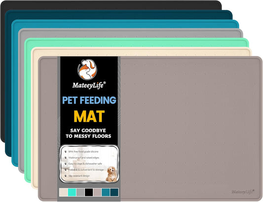 MateeyLife Dog & Cat Food Mat - Waterproof, Nonslip, Raised Edges, Silicone Tray for Messy Drinkers, 18"x12", Taupe