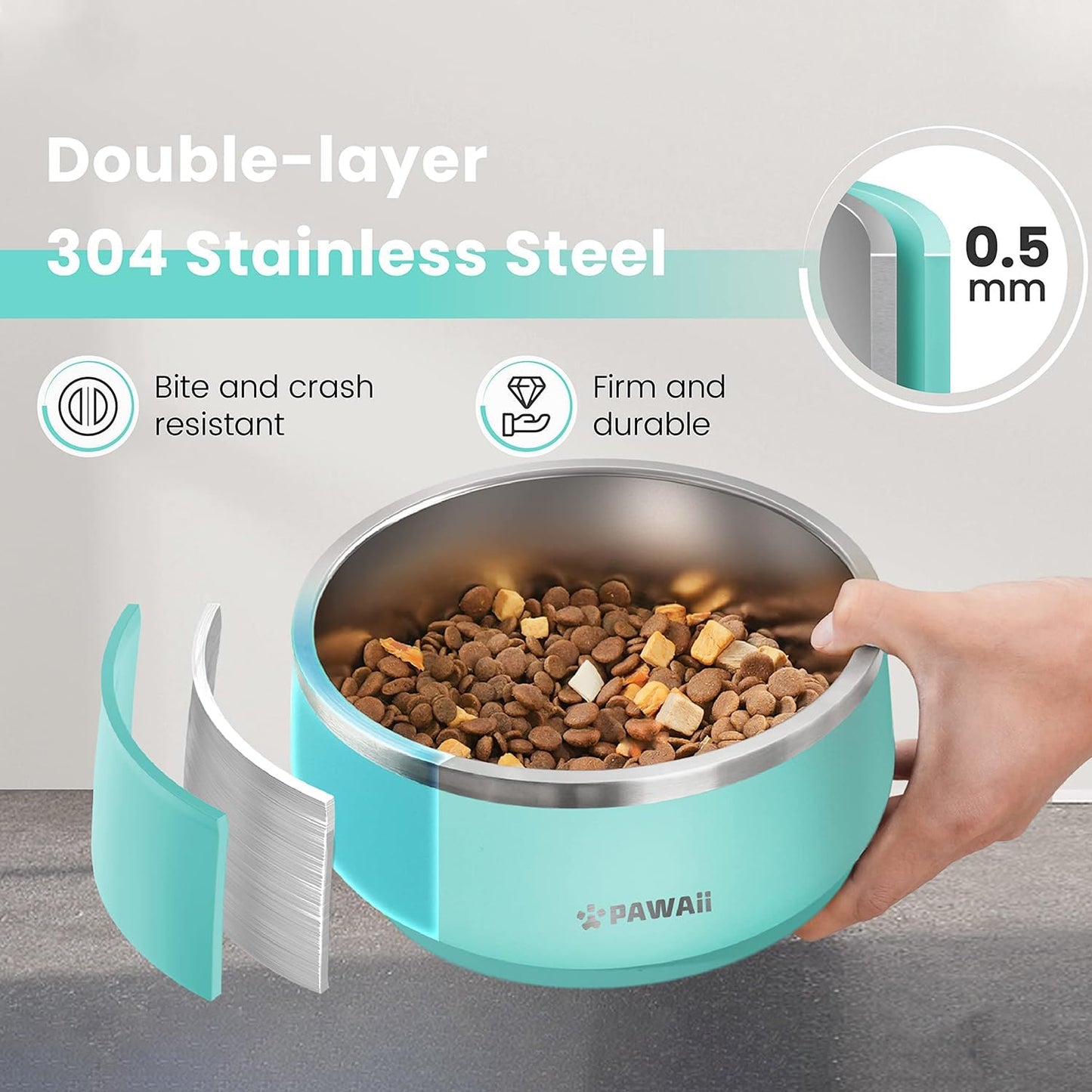 Pawaii Stainless Steel Dog Bowl with Non-Slip Rubber Base & Double Wall Insulation - Durable Design | Includes ID Tag | Dishwasher Safe Food & Water Bowl for All Dogs (68oz)