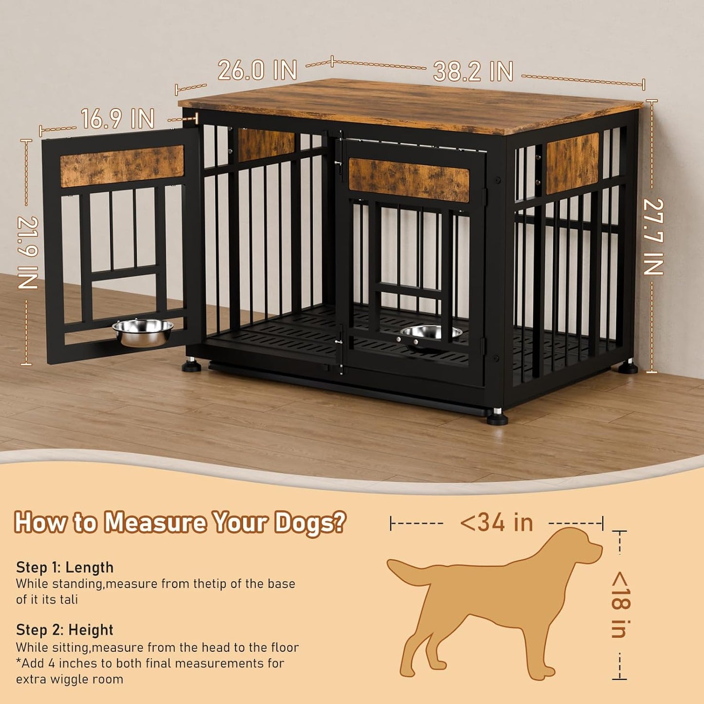Dog Crate Furniture End Table 38 Inch Hidden Kennel Cabinet with Removable Tray, Thickened Metal Frame Dog Cage, Dual-Purpose Pet House & Nightstand for Living Room