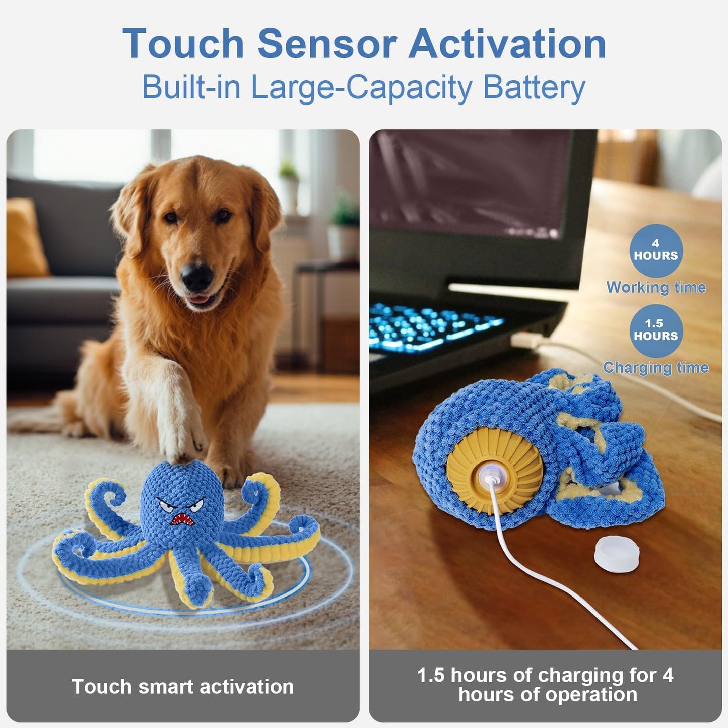Interactive Dog Toys Octopus,Durable Automatic Jumping Dog Toy to Keep Them Busy,Squeaky Moving Tug of War Doggie Toy,USB Rechargeable,Not for Aggressive Chewers (Blue)
