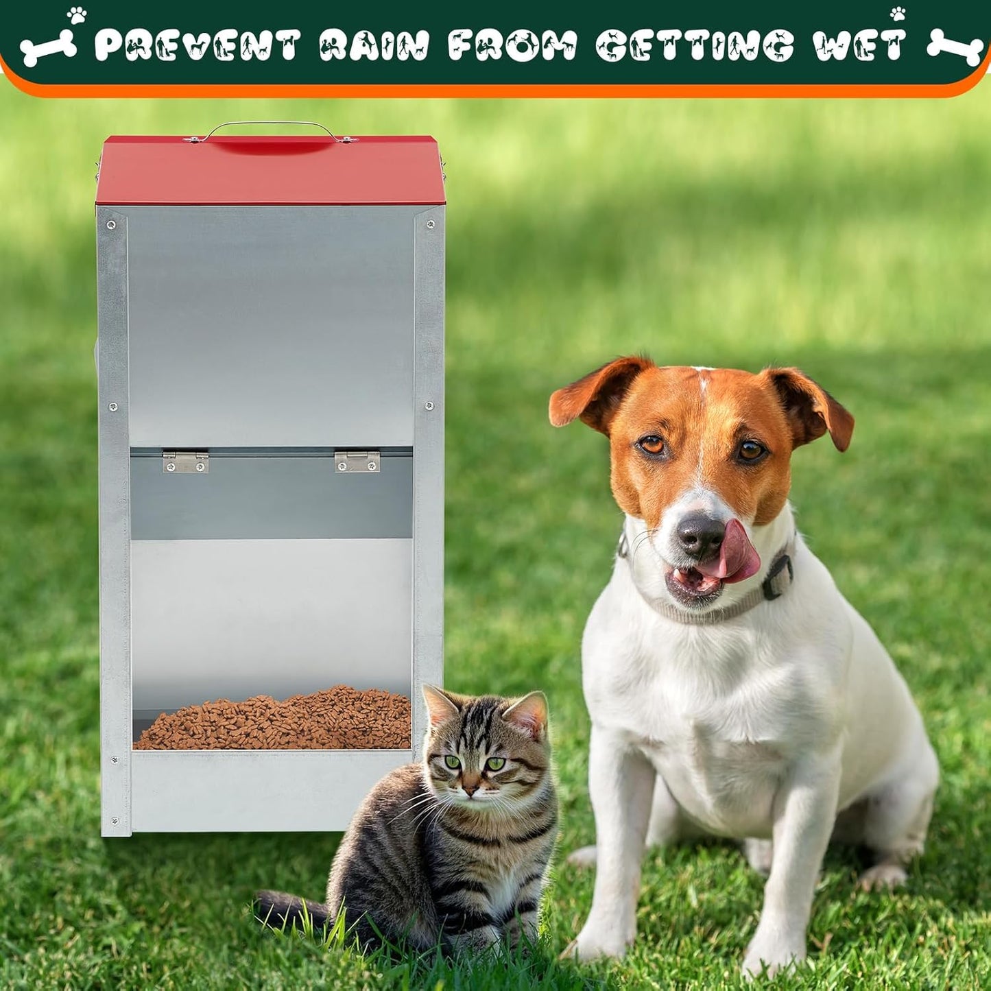 2 Pcs 15 Lbs Large Automatic Dog Feeders with Handle Acrylic Panel Galvanized Gravity Feeder Outdoor Hanging for Doggie Breed Dog Food Dispenser Container(Red)