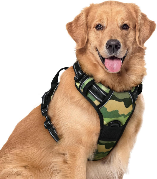 rabbitgoo Dog Harness No Pull with 2 Leash Clips, Adjustable Soft Padded, Reflective Oxford No Choke Pet Vest with Easy Control Handle for Large Dogs, Green Mountain, XL
