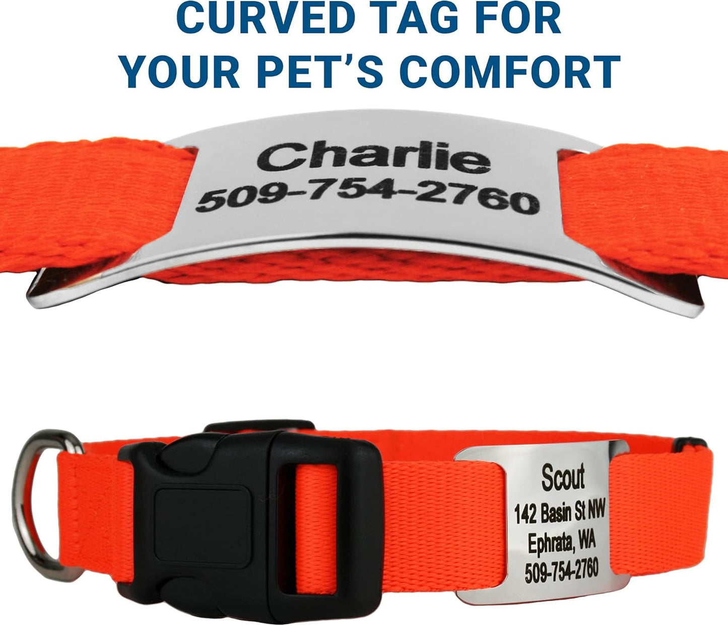 GoTags Personalized Dog Collar with Nameplate, Adjustable Dog Collar with Custom Engraved Slide On Pet ID Tag in Stainless Steel, Silent, No Noise Dog Tag for Large Medium and Small (Orange, Medium)