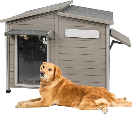 43" L Outdoor Extra Large Dog House with Removable Floor, Raised Feet, Anti-Chewing Iron Frame – Wooden Kennel with Asphalt Roof, Window for Indoor/Outdoor Use, Ideal for Medium to Large Dogs