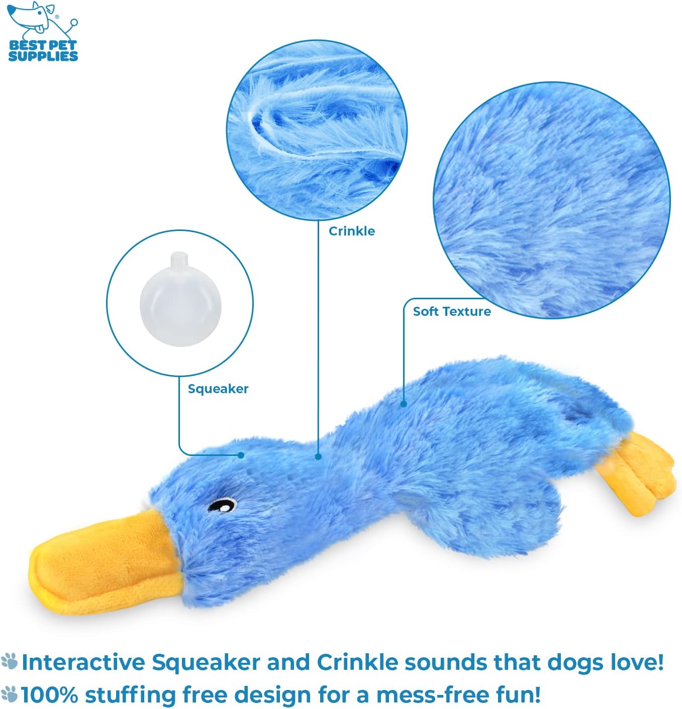 Best Pet Supplies Interactive Squeaky Dog Chew Toy, Ideal Dog Toys for Chewers, Small, Medium & Large Dogs, and Fetch Lovers - Crinkle Duck (Blue), Large