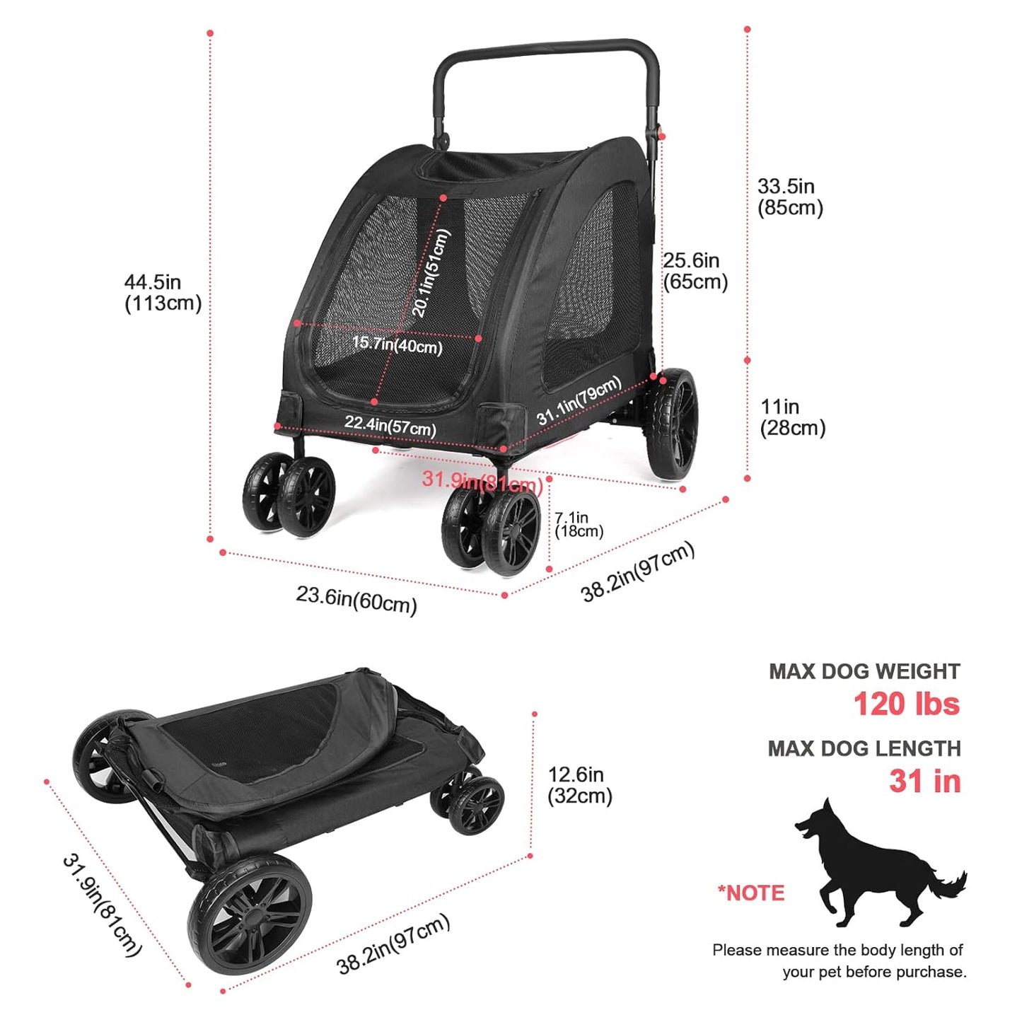 Large Dog Travel Stroller with 4 Heavy Duty Wheels Pet Stroller with Adjustable Handle - Double Doggie Capacity Jogger Wagon with Back Front Door for Small Medium Large Dogs (Black 1)