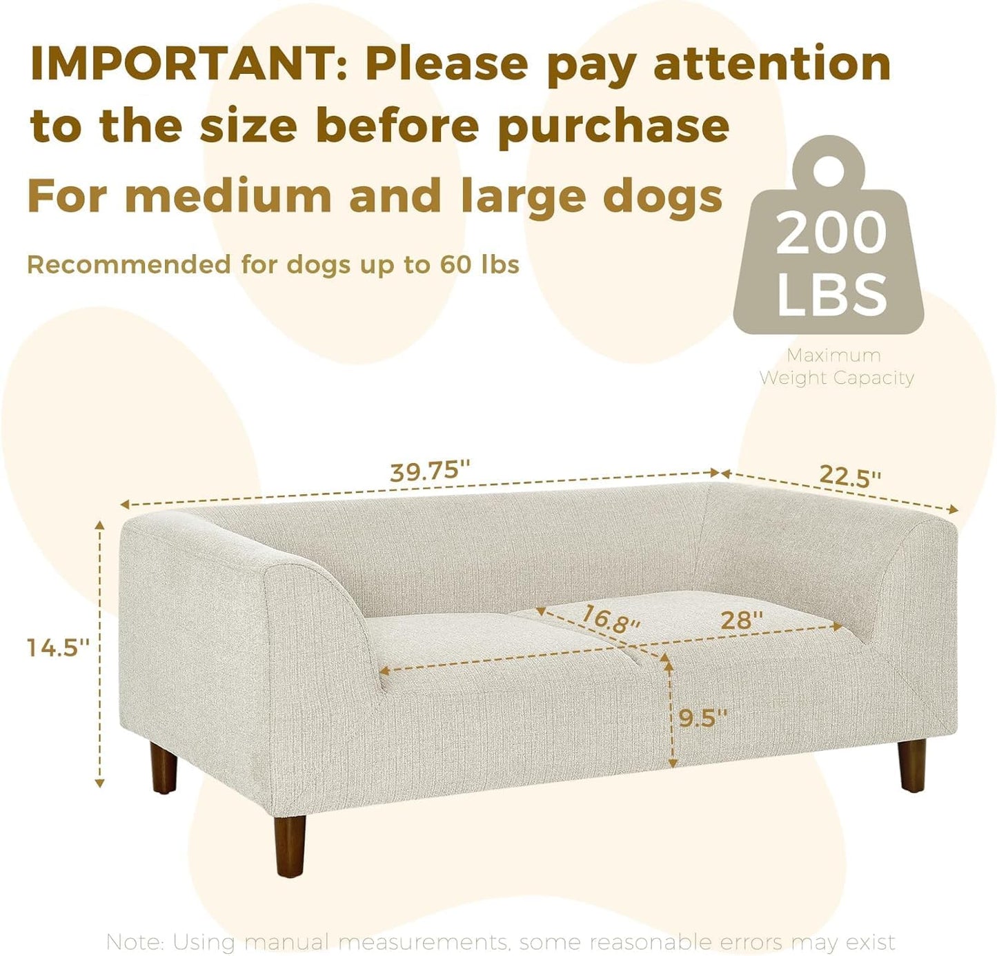 Dog Sofa Couch for Medium to Large Dogs, Memory Foam Dog Sofa Bed, Modern Elevated Pet Couch Bed with Wooden Legs for Medium and Large Dogs, Dark Beige