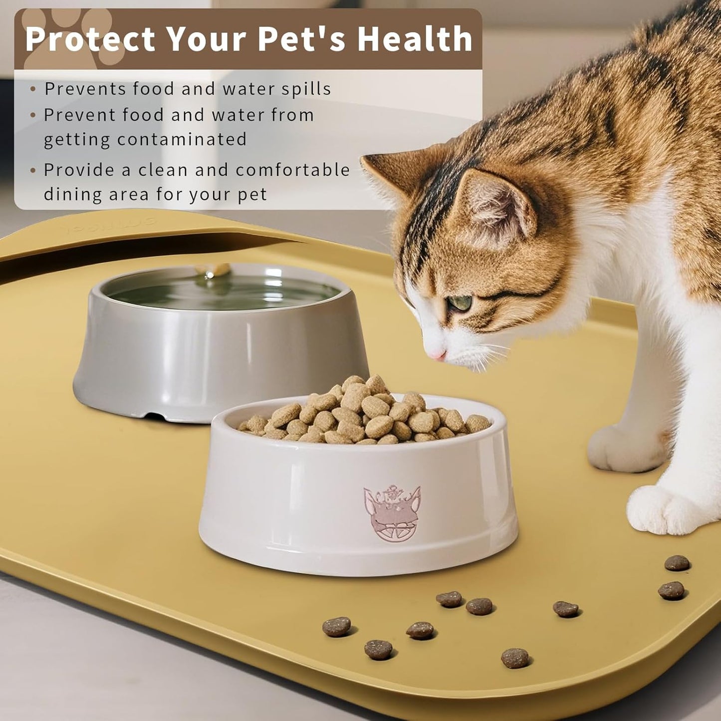 Silicone Pet Feeding Mat with Raised Edge & Residue Collection Pocket for Food and Water, Dog Bowl Mats, Cat Bowls Placemat with High Lip for Floor Waterproof, 19 x 12 x 0.7 Beige