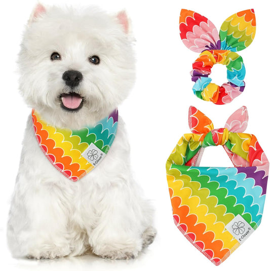 E-Clover Rainbow Dog Bandanas & Matching Scrunchie Set Girl Cute Pride Dog Scarf Bibs Pet Bandana with Bow Tie for Small Dogs Puppy Owner Mom Summer