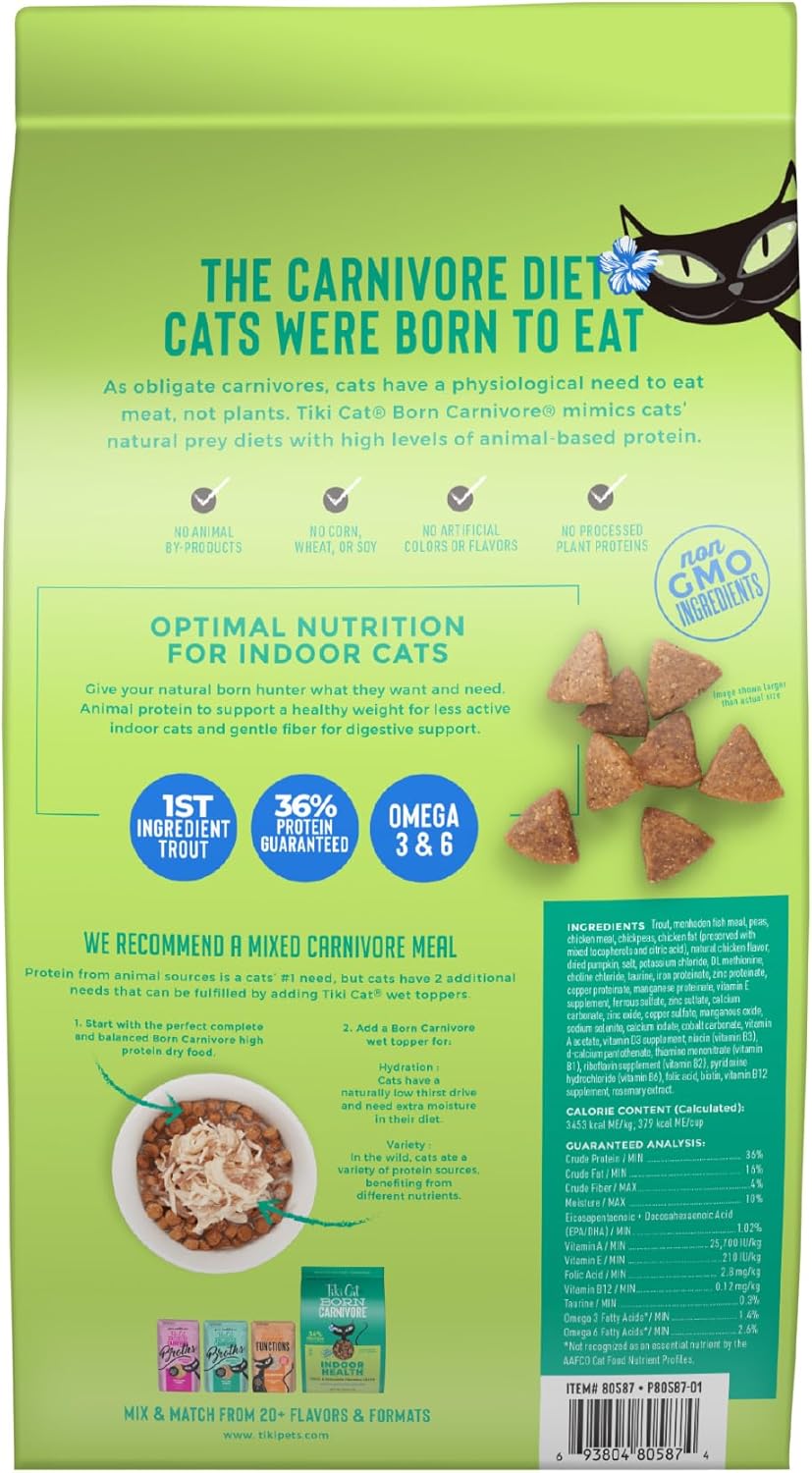 Tiki Cat Born Carnivore Indoor Health Dry Cat Food, Trout & Menhaden Fish Meal, 3 lbs. Bag