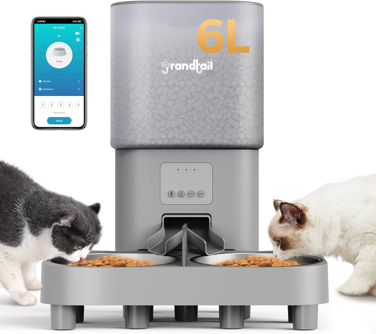 Automatic Cat Feeder, WiFi Dog Food Dispenser with APP Control for 2 Cats & Dogs, 6L Elevated Timed Dog Feeder Programmable 1-10 Meals,10s Meal Call,Dual Power Supply, 2 Stainless Bowls