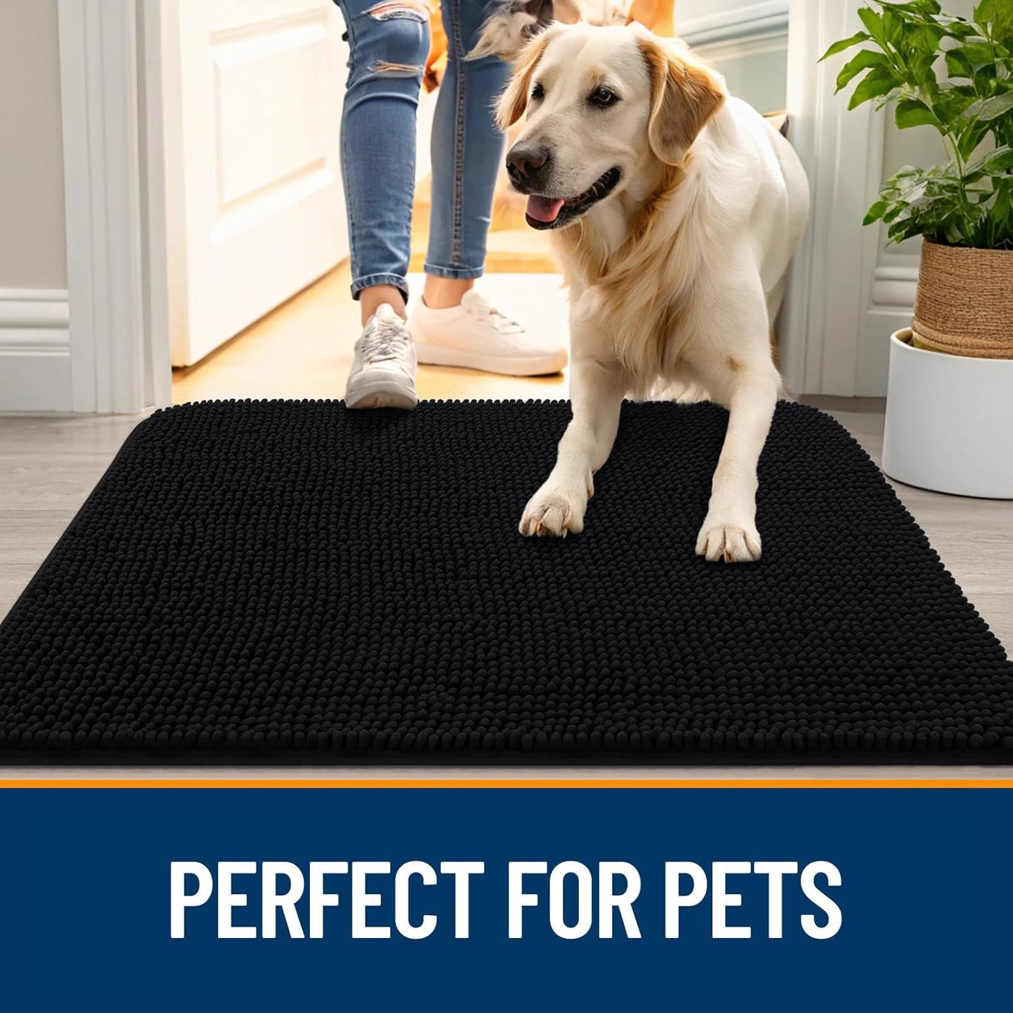 OLANLY Dog Door Mat for Muddy Paws 40x24, Absorbs Moisture and Dirt, Absorbent Non-Slip Washable Doormat, Quick Dry Chenille Mud Mat for Dogs, Entry Indoor Entryway Carpet for Inside Floor, Black