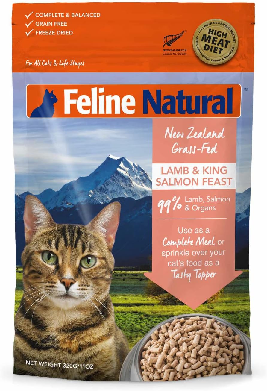 Feline Natural High Protein Dry Cat Food, Freeze-Dried Diet with 98% Meat, Organs & Seafood, No Peas, Grains, or Artificial Additives, Made in New Zealand, Lamb & King Salmon, 11oz