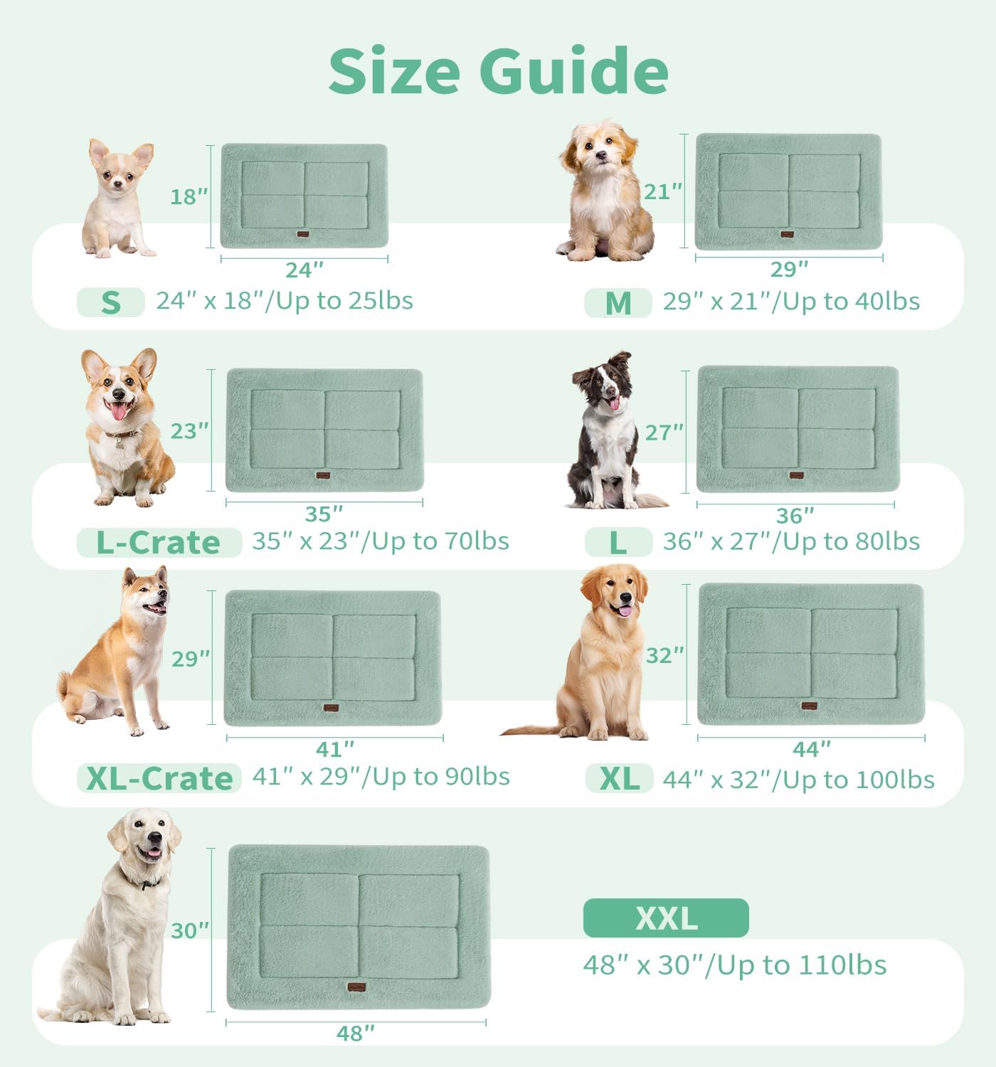 Made4Pets Dog Crate Pad Bed for Extra Large Dogs, Washable & Reversible, Anti-Slip Kennel Mat for Cozy Sleeping, Soft Fluffy Dog Bed for Indoor & Outdoor Use, 48"x30", Green