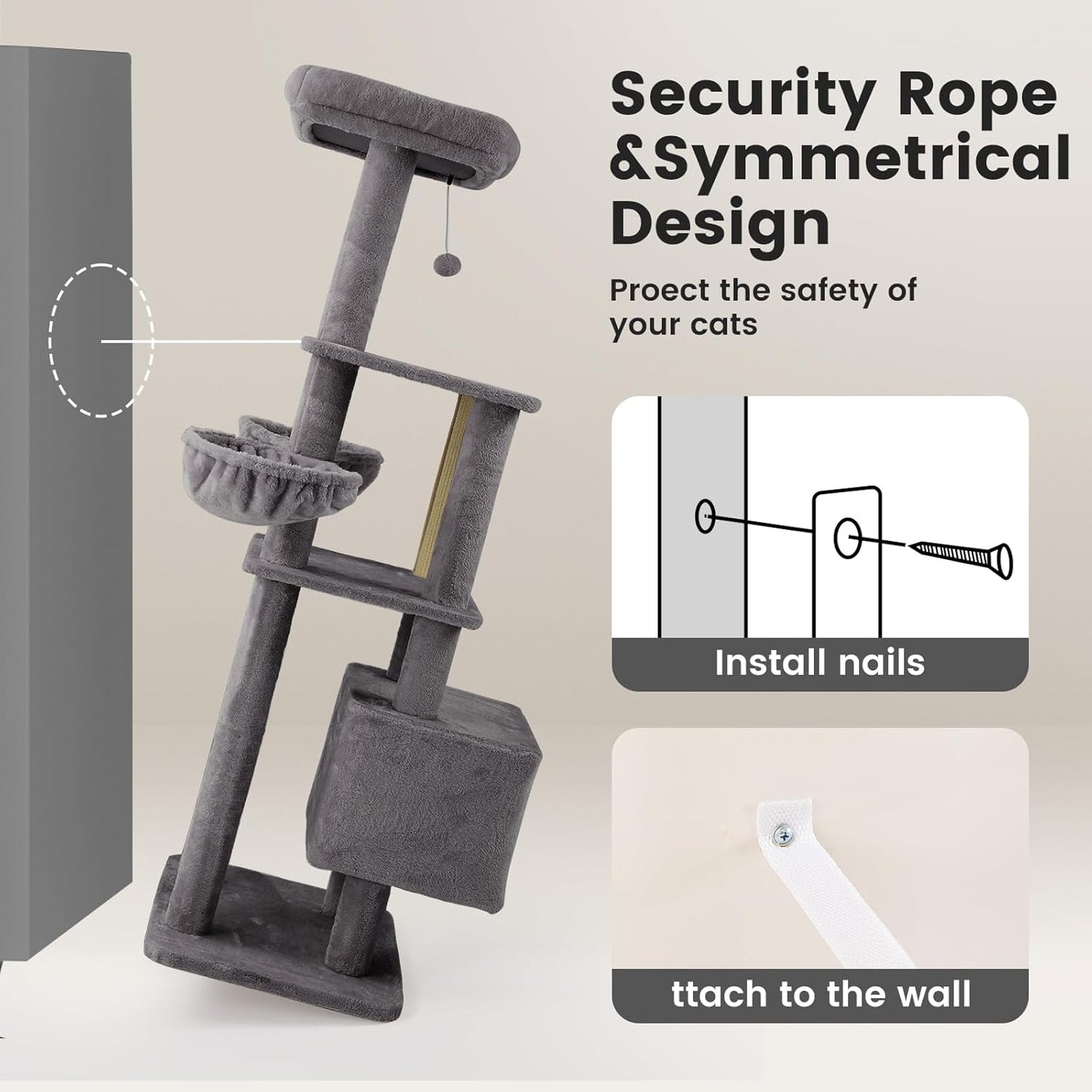 Gardner Pet 65in Heavy Duty Cat Tree Tower for Large Cats, Multi-Level Cat Furniture with Replaceable Sisal Scratching Post, Hammock | Extra-Large Platform & Condo (Upgraded Grey)