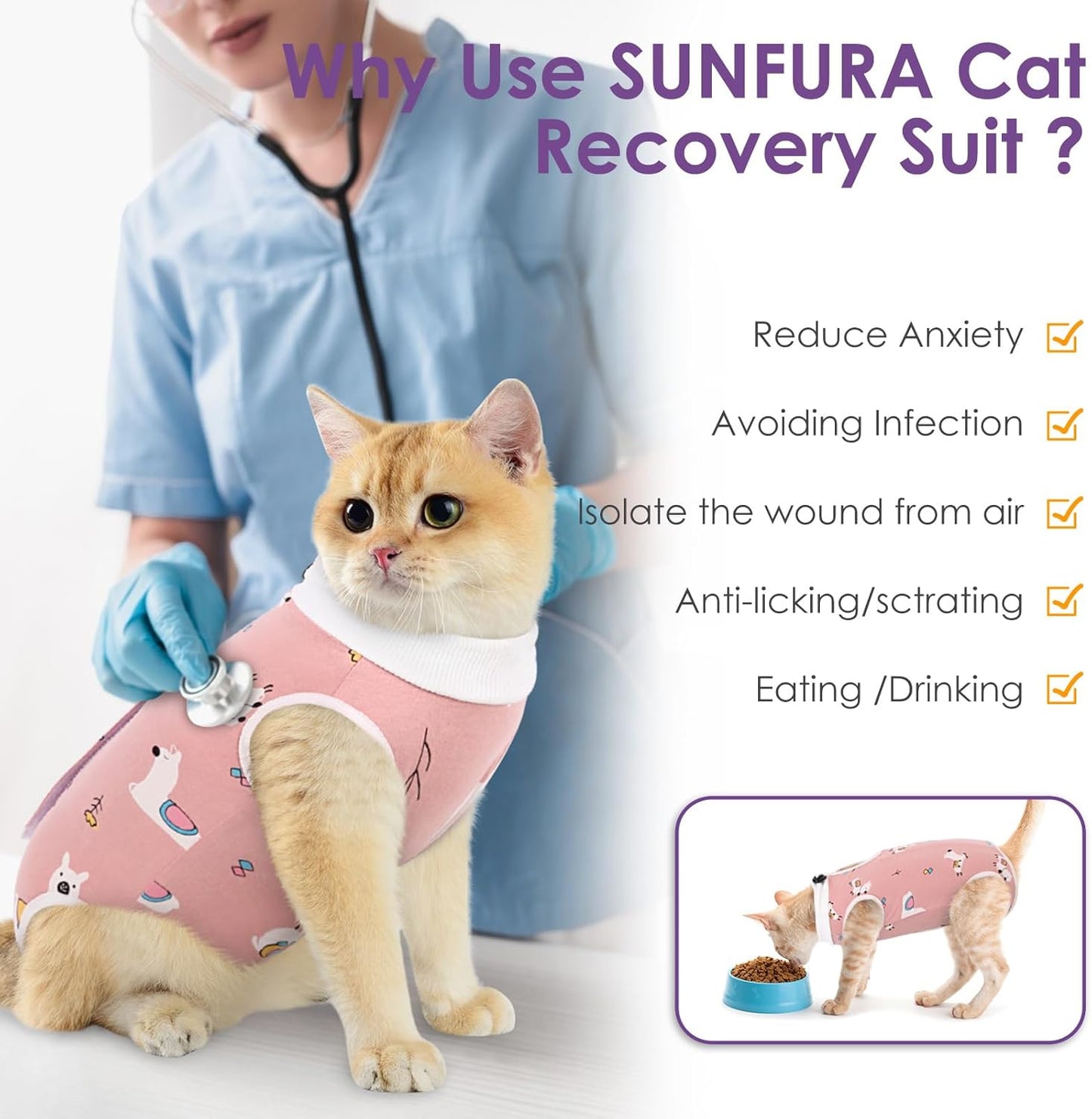 SUNFURA Cat Recovery Suit, Kitten Surgical Full Bodysuit for Abdominal Wound Protector Anti Licking After Surgery, Professional Bandages Cone E-Collar Alternative for Small Male & Female Pets