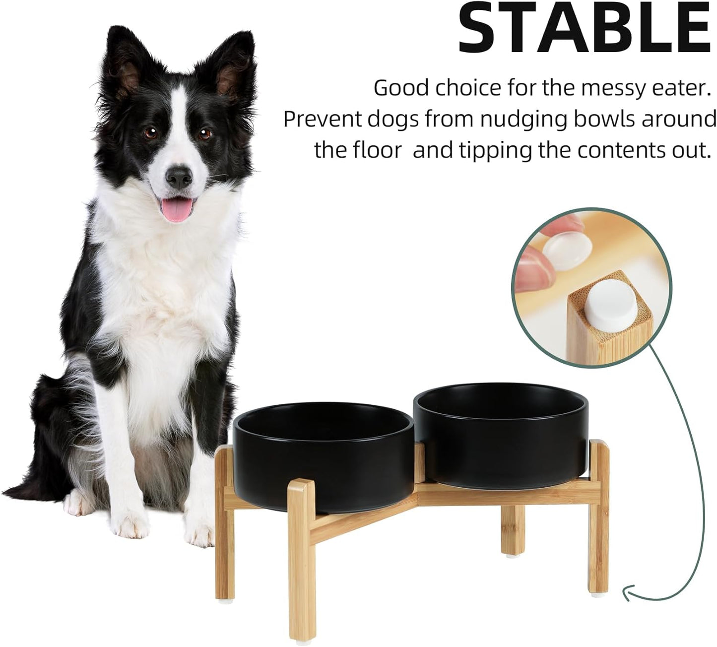 Ceramic Raised Double Bowls Set with Stand, Food & Water Bowls for Medium Breed Dogs, Weighted Dog Dishes, Pet Bowl(7.3'',41OZ, Black)