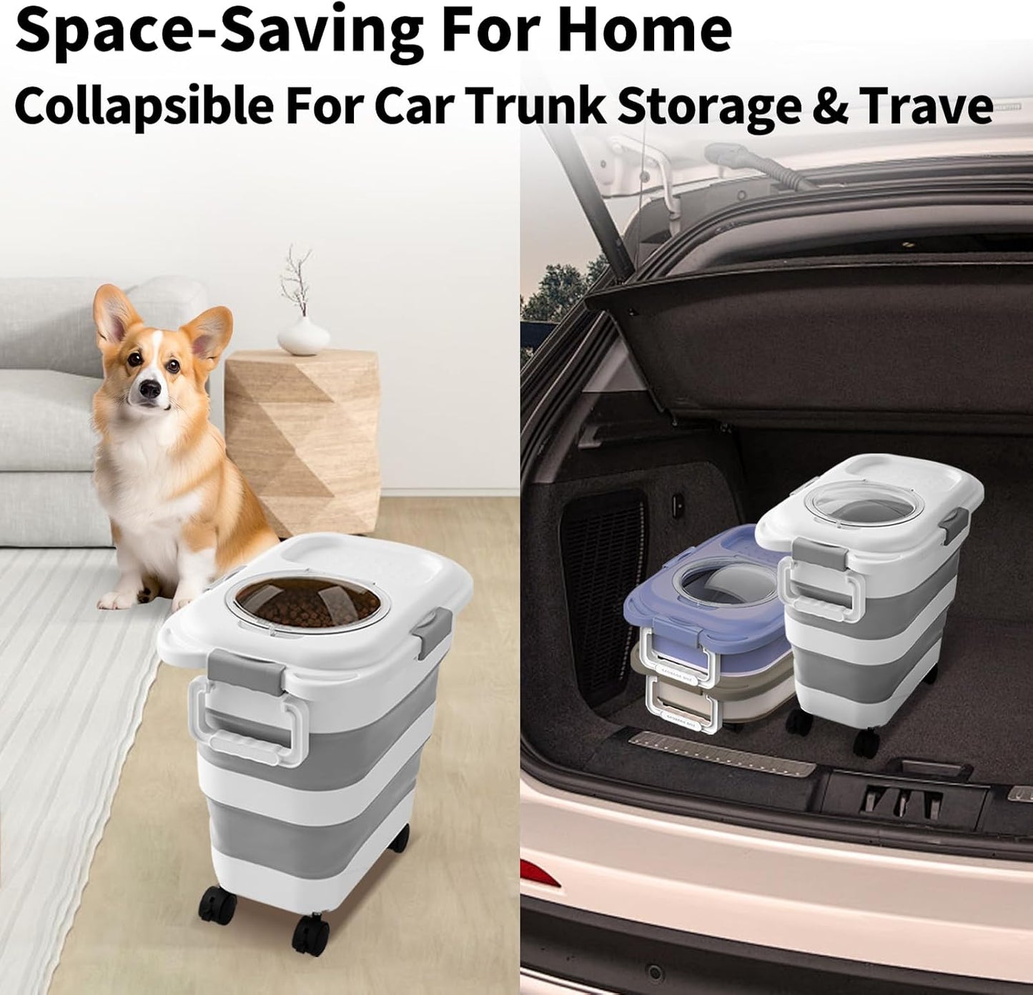 25 Lbs Dog Food Storage Container, Collapsible Dog Food Container with Scoop for Pet/Dog/Cat/Bird Food,Keep Dry Food Fresh,Easy to Move (White)