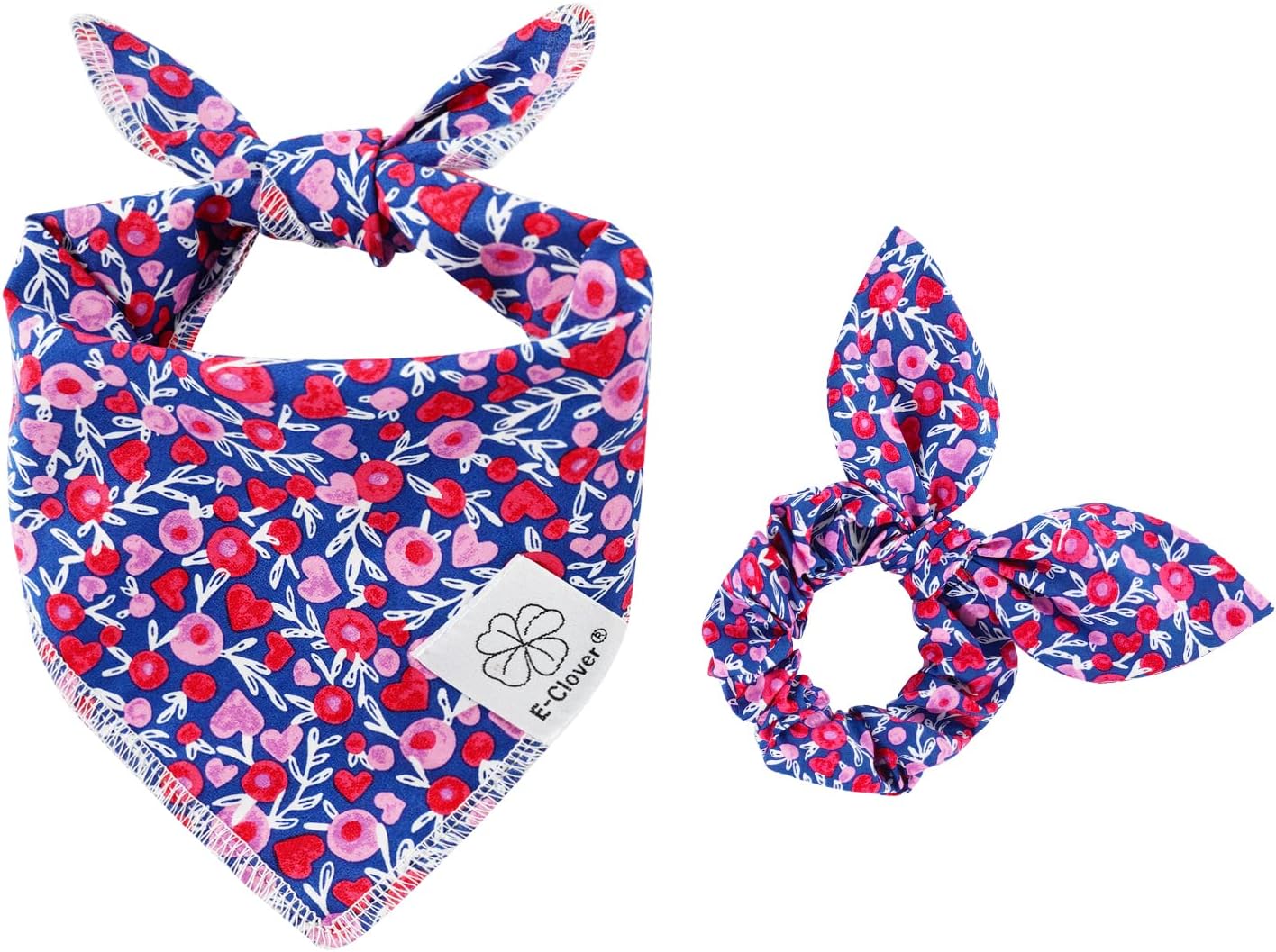 E-Clover Cute Girl Dog Bandanas & Matching Scrunchie Set Heart Dog Bandana Scarf with Bow Hair Ties for Medium Large Dogs Pet Owner Mom Gifts Pink Floral