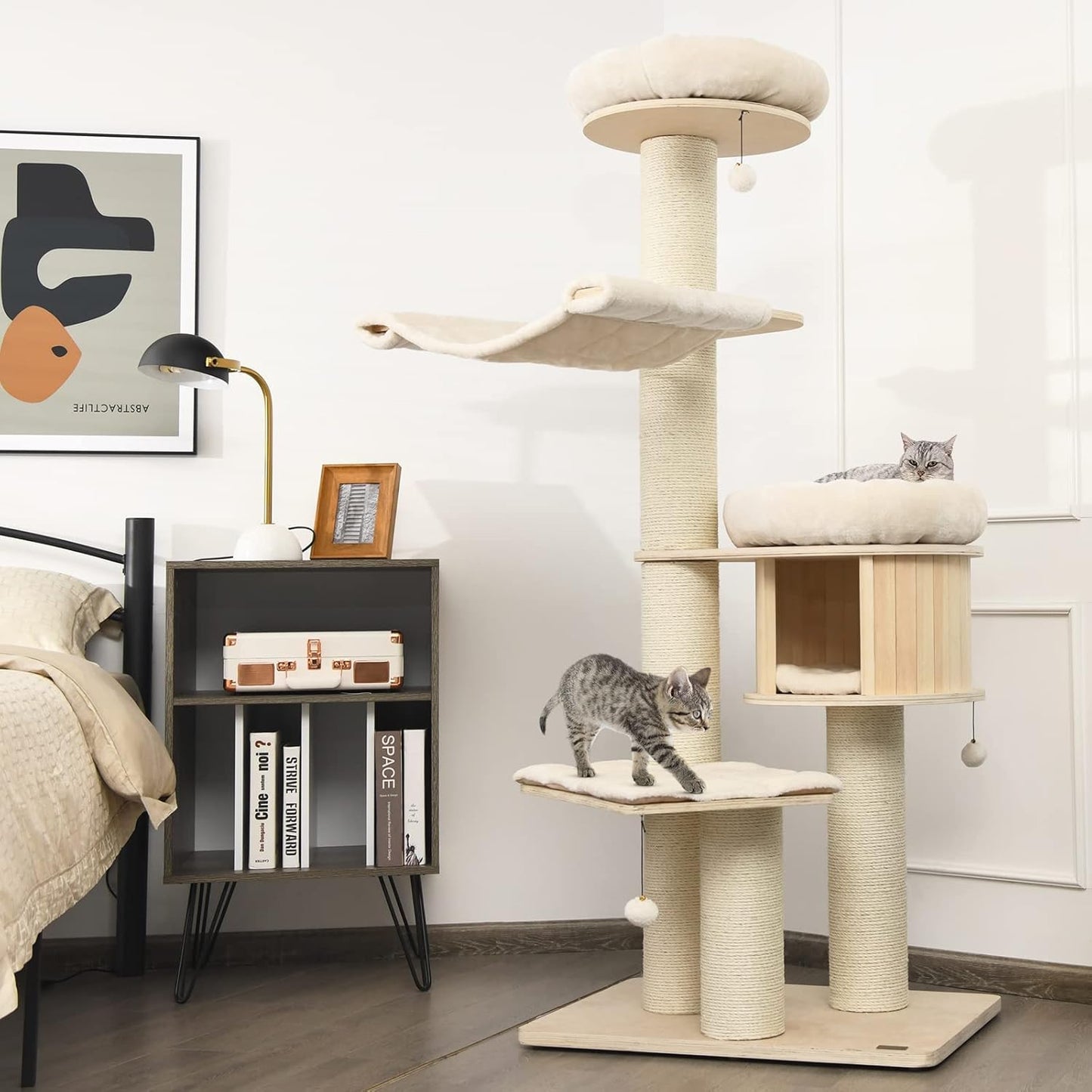 Tangkula Modern Cat Tree, Multi-Level Large Cat Tower with Condo, Hammocks & Hanging Basket, Tall Cat Tree with Sisal Posts, Washable Cushions, Wood Cat Trees and Towers for Indoor Large Cats