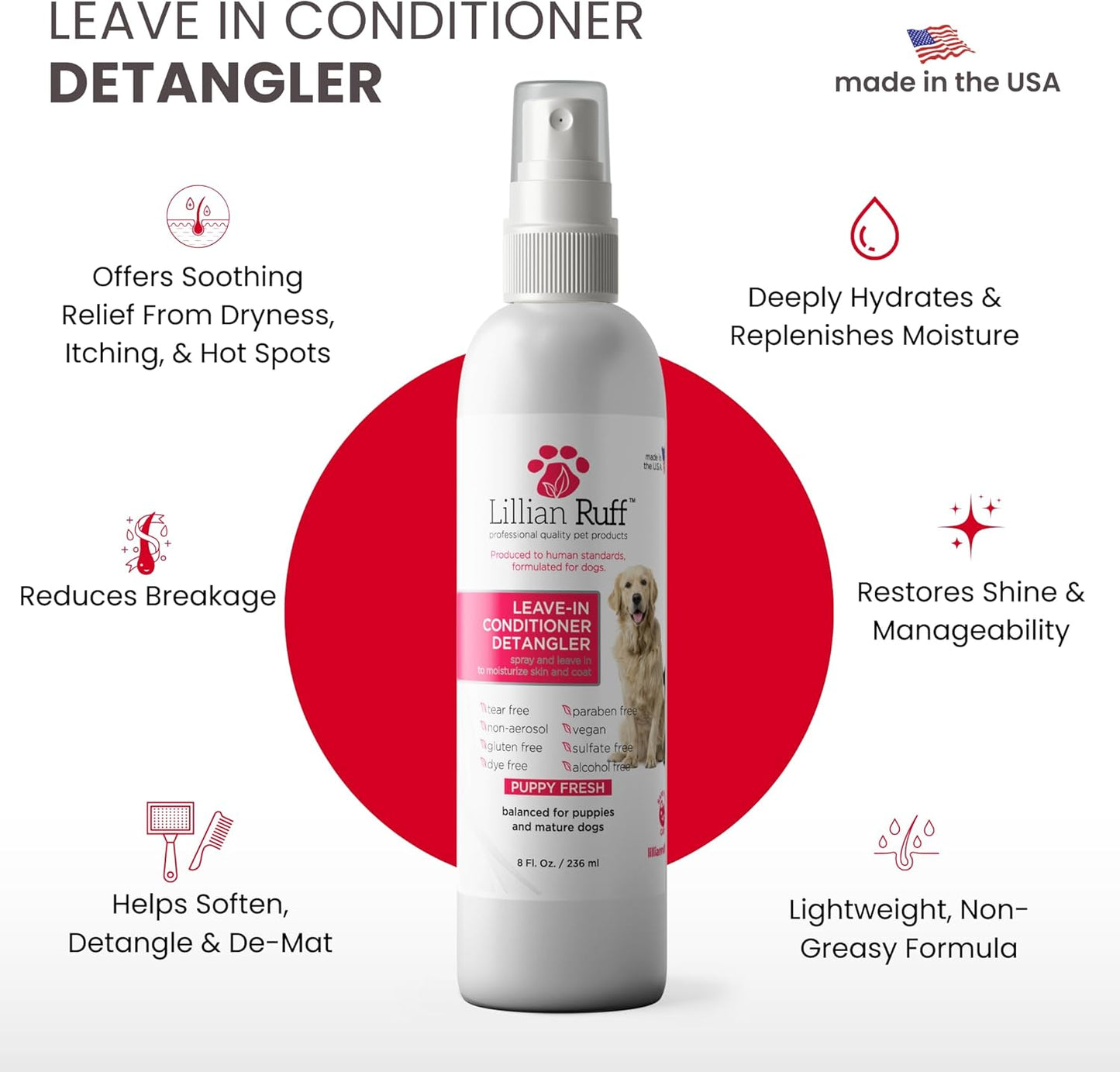 Lillian Ruff Leave-in Dog Conditioner & Detangler Spray - pH Balanced After-Bath No Rinse Dog Conditioning Spray - Silky Shine Spray for Dry Skin, Itch Relief, Detangling & Dematting (8oz/Brush)