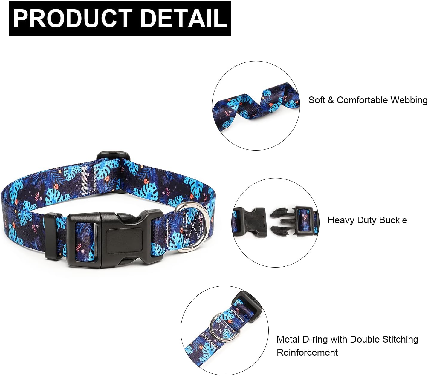 Mercano Adjustable Dog Collar - Special Design Patterns, Soft Nylon Comfortable Durable Pet Collar for Small Medium Large Dogs (L, Monstera)