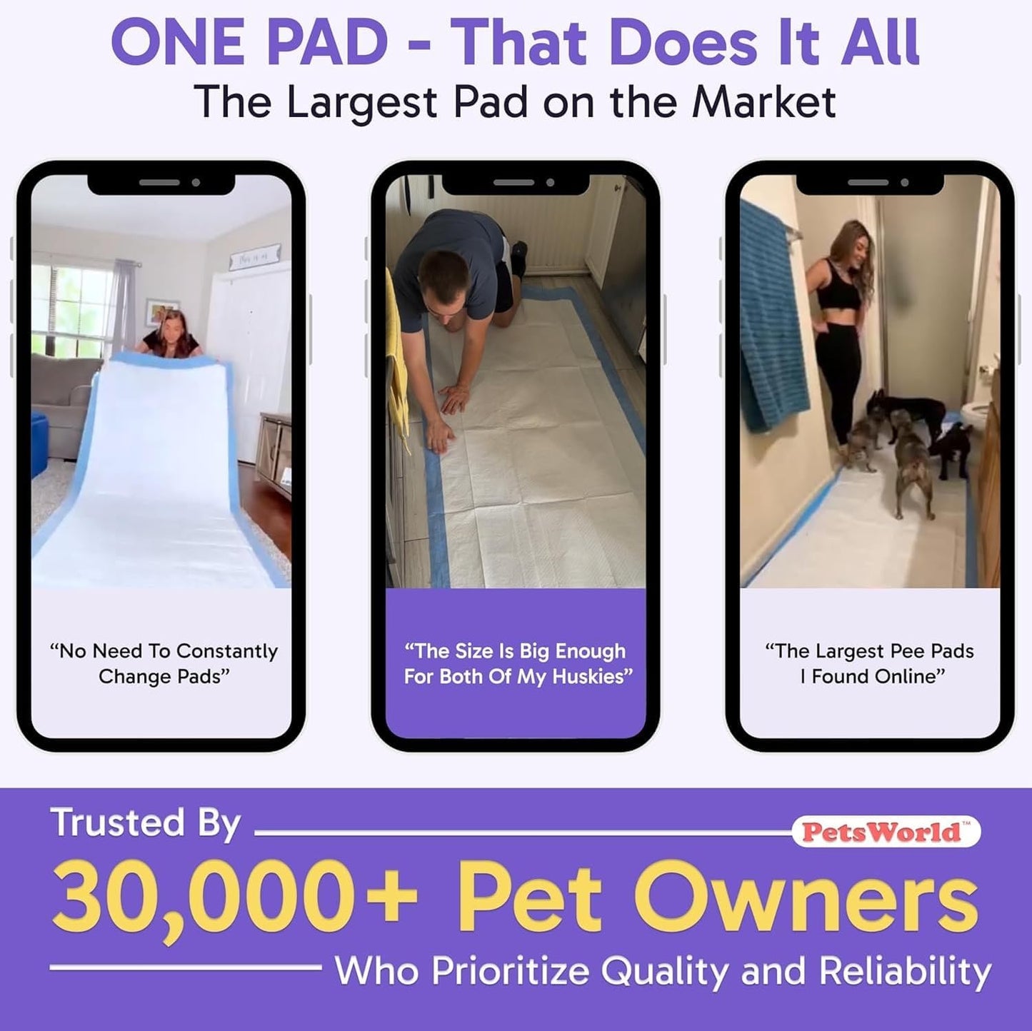 PETSWORLD Mega-Sized Dog Pee Pads (40" x 99") – 4XL Gigantic Pet Piddle Pads for Puppy Training, Incontinence – with Adhesive Sticky Tape – Leak Proof, 5-Layer Protection (80 Count)