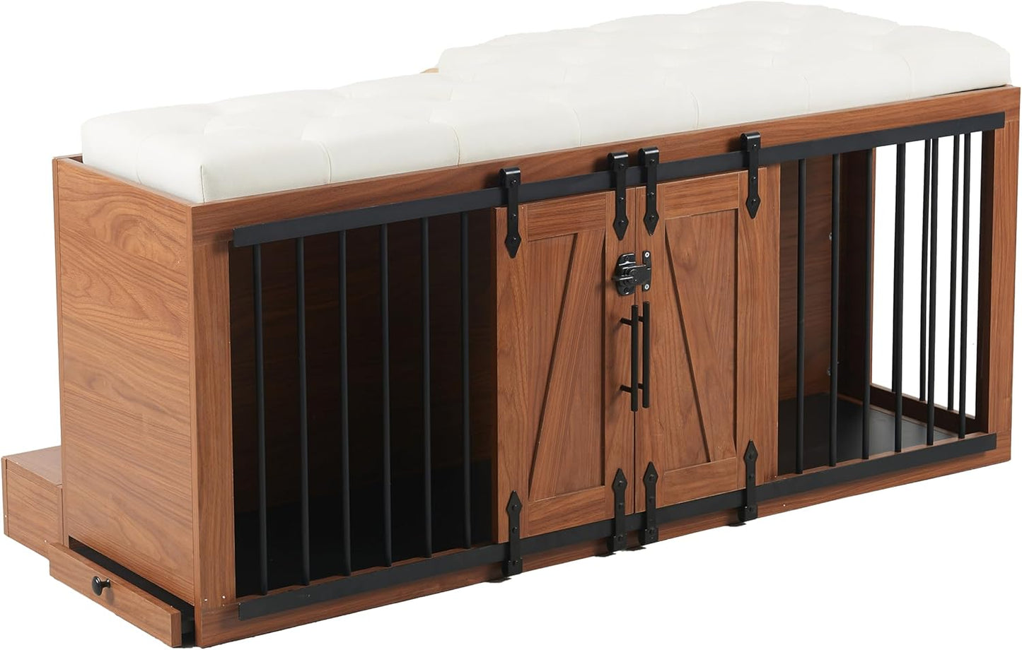 56" L Dog Crate Furniture with Padded Seat, End of Bed Bench Ottoman with Cushion, Wooden Dog Kennel with Pet Stairs & Sliding Barn Door for Bedroom, Living Room, Walnut