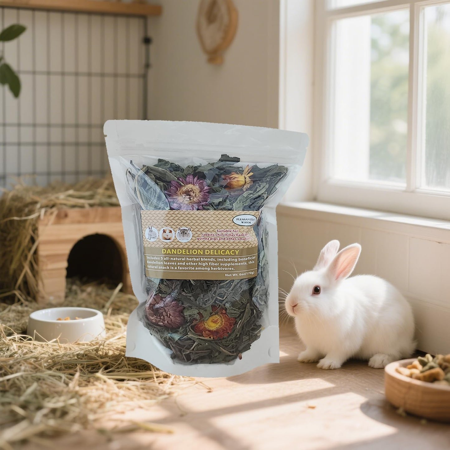 Dandelion Treat - High Fiber Food for Chinchillas, Guinea Pigs & Squirrels - 5 Herbal Blends, 6oz - Rabbit, Hamster & Small Pet Snack