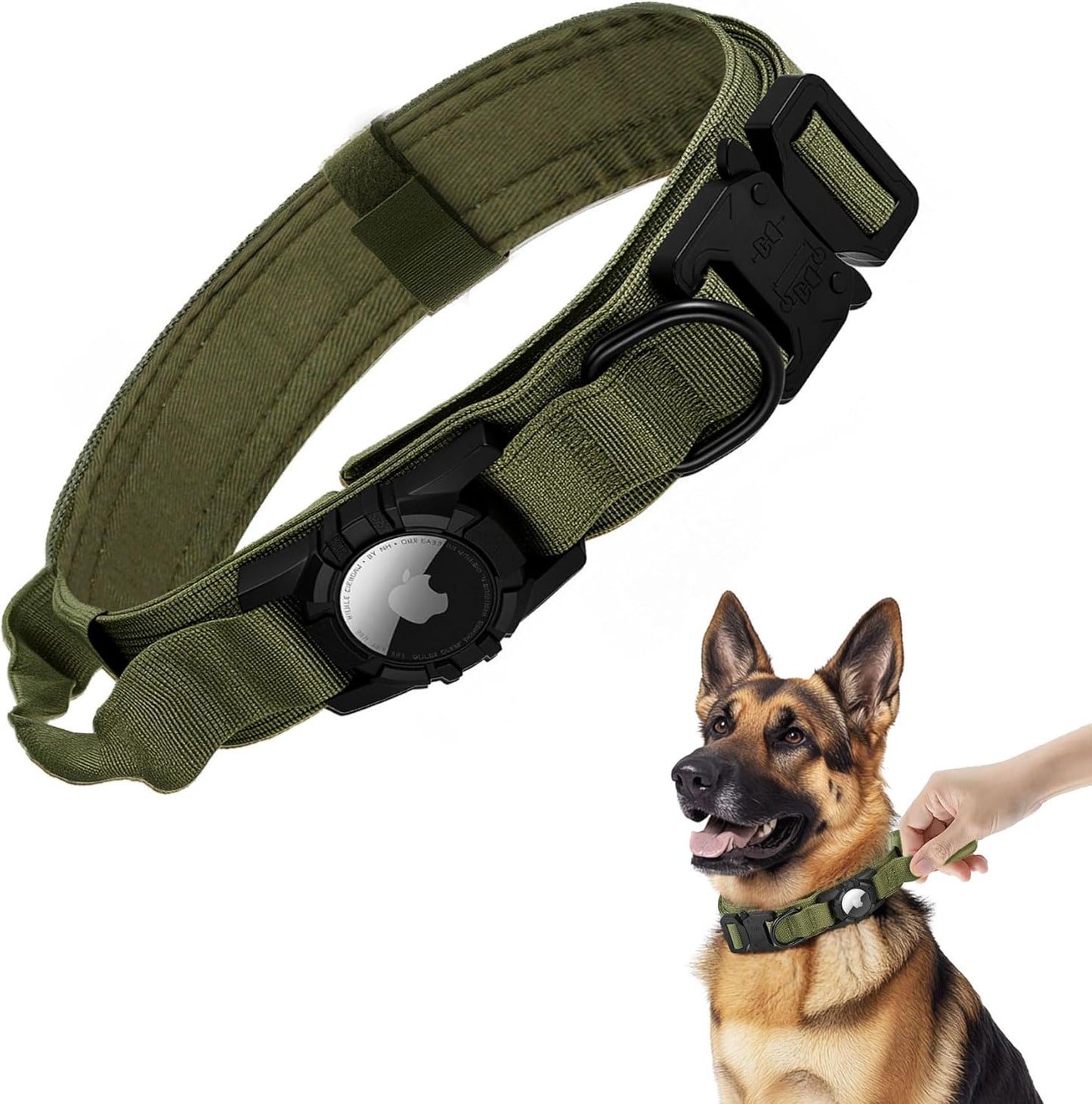 Tactical AirTag Dog Collar - Heavy Duty, Adjustable GPS Collar Compatible with Apple AirTag, with Holder & Control Handle for Medium/Large Dogs [ Green, L ]