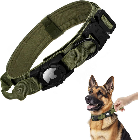 Tactical AirTag Dog Collar - Heavy Duty, Adjustable GPS Collar Compatible with Apple AirTag, with Holder & Control Handle for Medium/Large Dogs [ Green, L ]