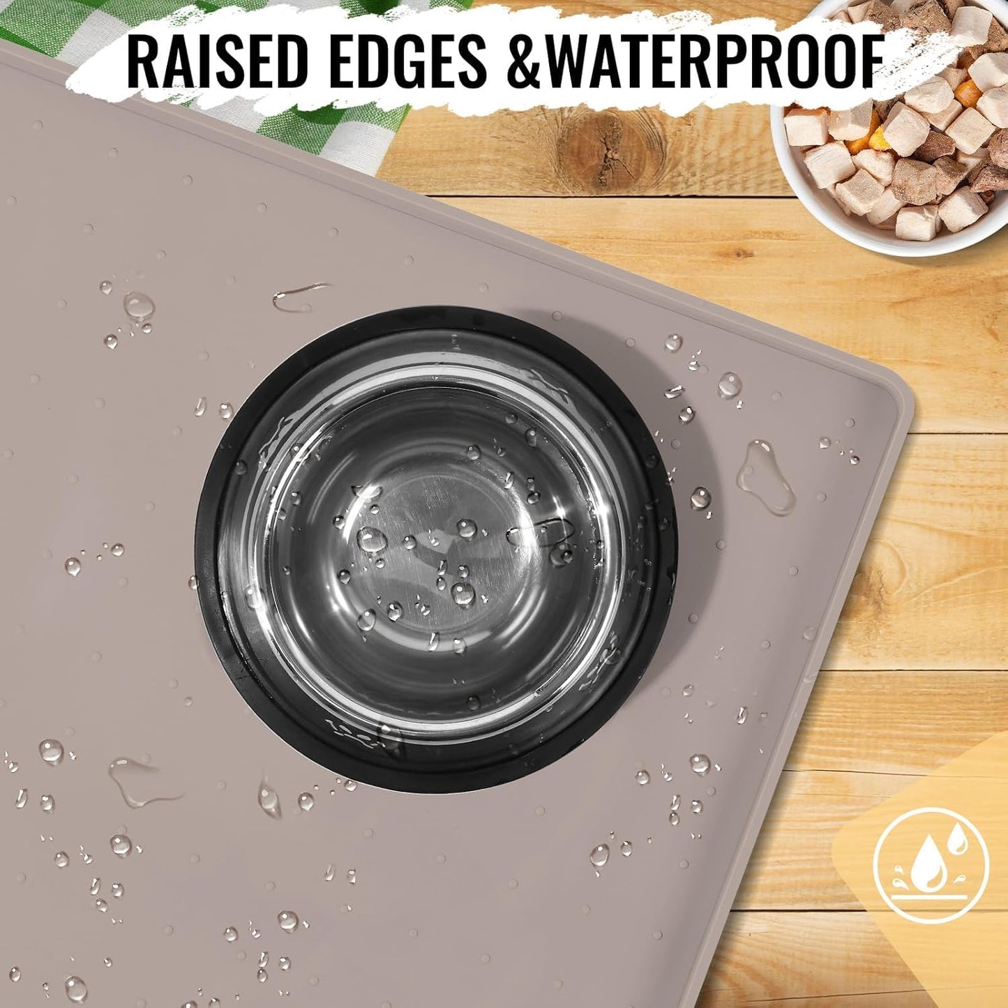 MateeyLife Dog & Cat Food Water Mat for Floors Waterproof, Nonslip Pets Bowl Feeding Mats with Raised Edges, Silicone Matt Tray for Messy Drinkers, 24"x16", Taupe