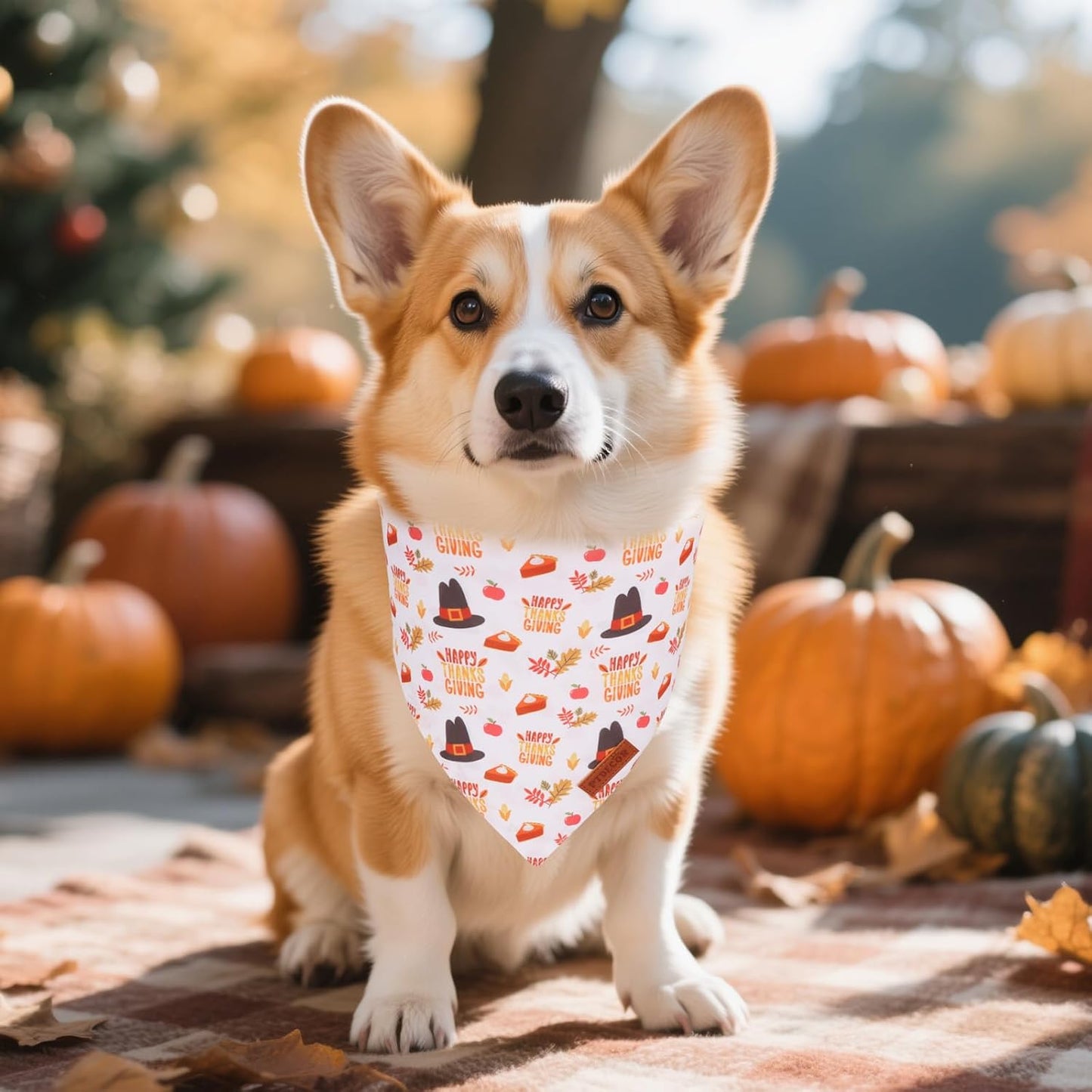 PTDECOR Thanksgiving Fall Dog Bandanas, Orange White Reversible Holiday Pet Scarf, Happy Thanksgiving Pumpkin Triangle Thanksgiving Bandanas for Small Dogs Puppies Cats(Small)