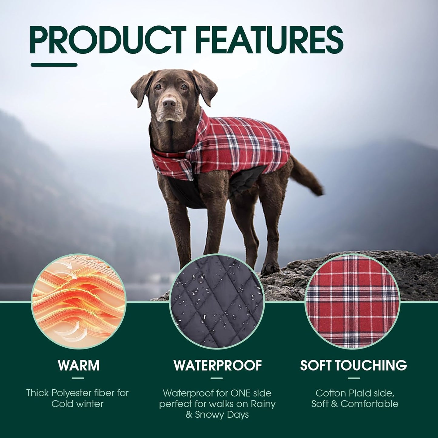 Kuoser Waterproof Dog Coat, Reversible Dog Jacket for Small Dogs, Adjustable Durable Doggie Winter Coat Warm Cozy Puppy Cold Weather Apparel from Small to Large Breed, Red S