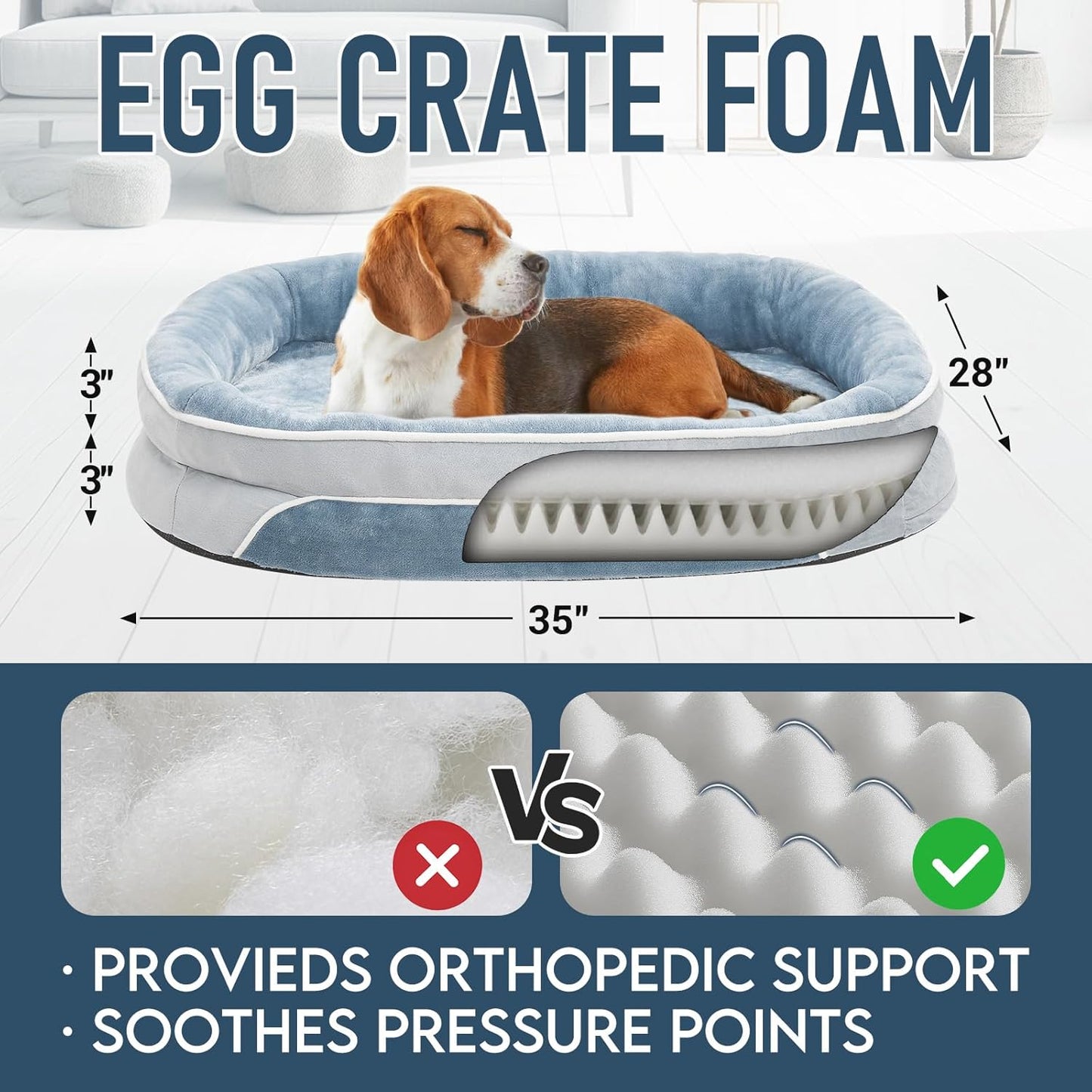 OhGeni Orthopedic Dog Couch Pet Sofa Large Sized Cat Beds with Comfort Foam Support, Soft Comfortable Fabric, Machine Washable Waterproof Removable Cover, 35-Inch (Washed Blue)