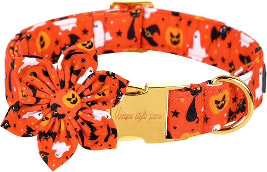 Unique style paws Halloween Dog Collar with Flower Tie Cotton Adjustable Puppy Collar for Small Medium Large Dogs-XL