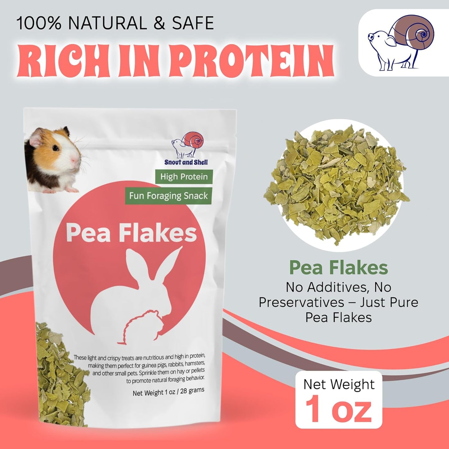Snout and Shell Pea Flakes for Small Pets – High-Protein Treat for Guinea Pigs, Rabbits, Hamsters, Chinchillas & More – Fun Foraging Snack – 2 oz (28g)