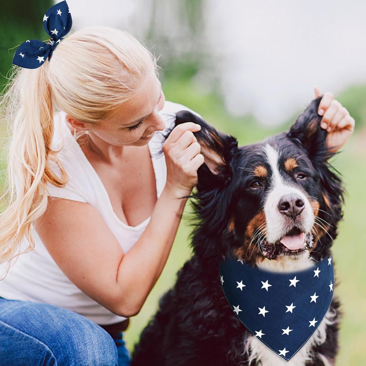 E-Clover 4th of July Dog Bandanas & Matching Scrunchie Set American Flag Dog Scarf Washable Patriotic Pet Bandana Triangle Kerchief Bibs for Small Dogs Puppy Owner Gifts