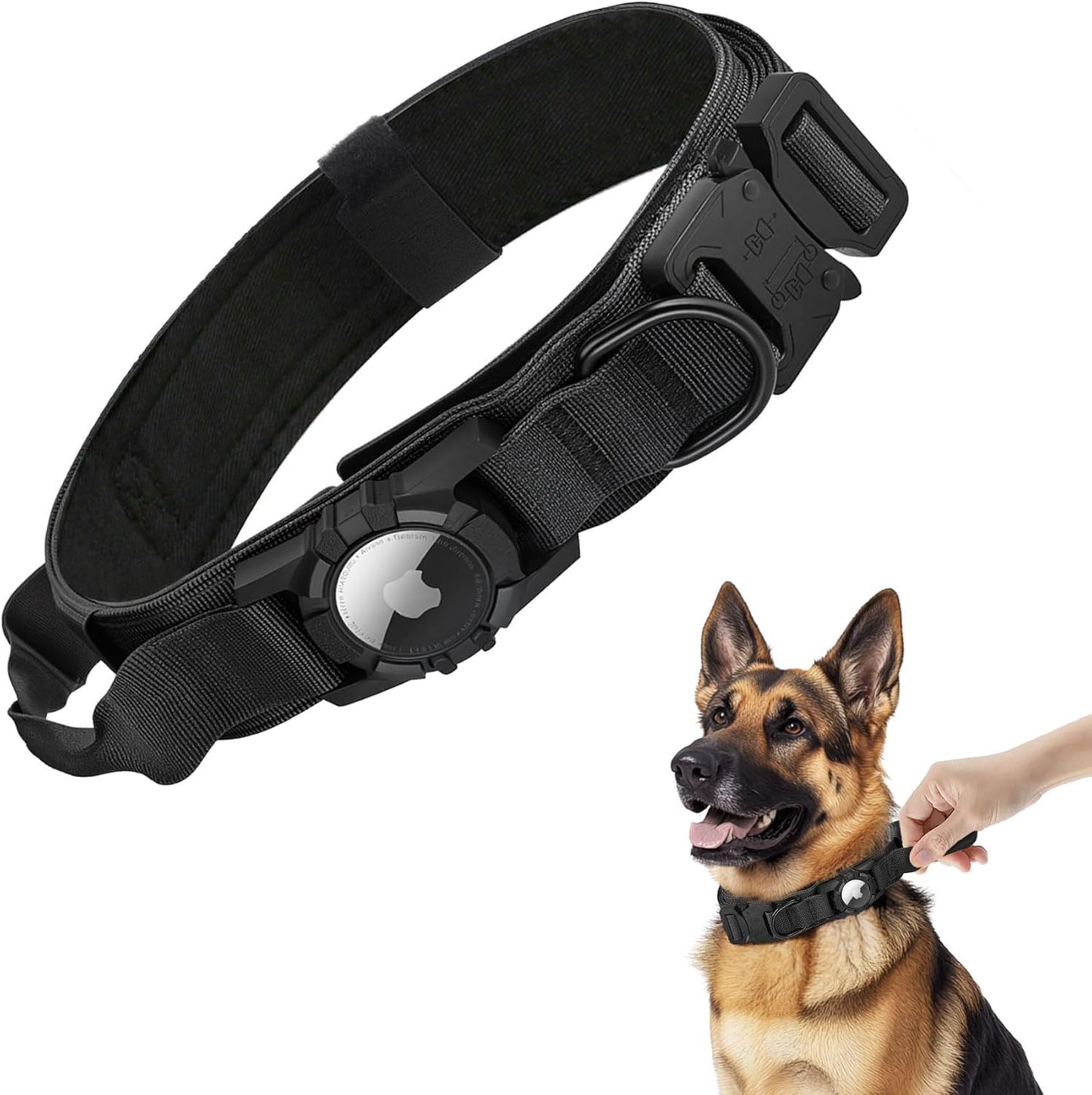 Waterproof Tactical Dog Collar with AirTag Holder - Heavy Duty Adjustable Collar for Medium to Large Dogs, Control Handle & Apple AirTag Compatible [Black,