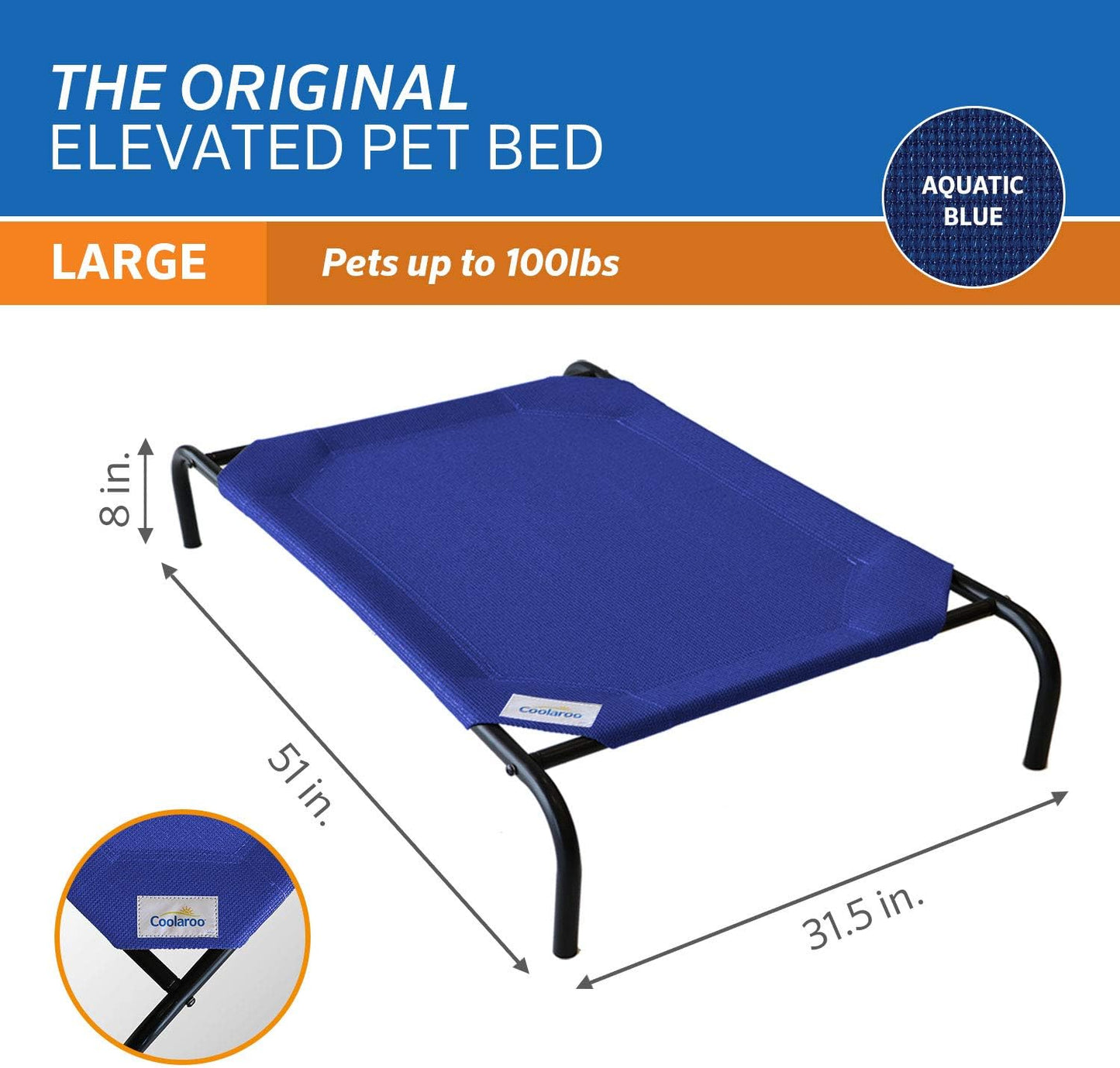 Coolaroo Original Elevated Dog Bed - Breathable Off-The-Ground Pet Bed with Cooling Fabric, Joint Relief & Moisture-Resistant Fabric, 100% Recyclable, Easy Clean, Aquatic Blue, Large