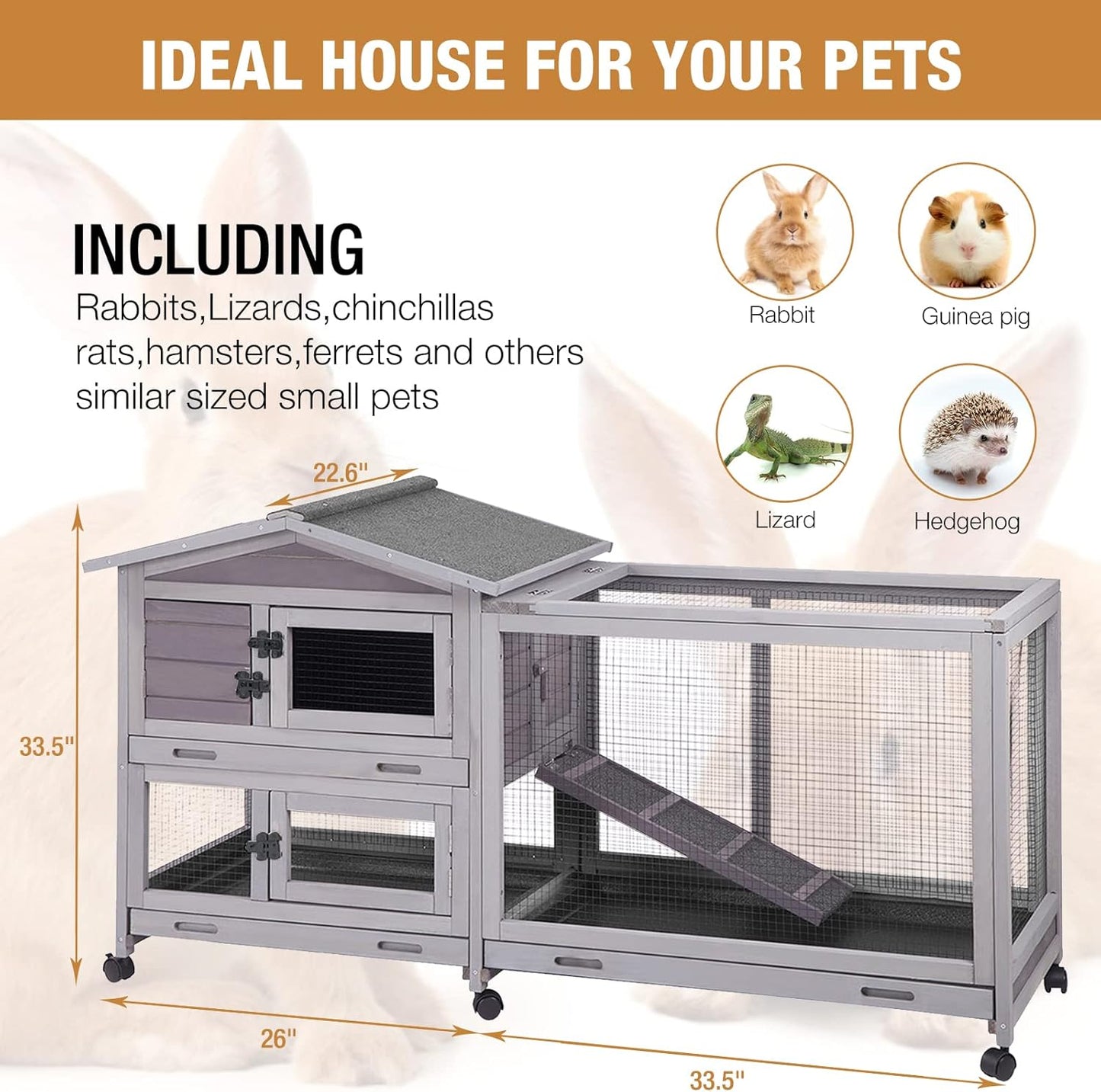 Bunny Cage Indoor and Outdoor Rabbit Hutch with Casters Waterproof Roof, Pull Out Tray from Back and Front 61.2" L x 22.6" W x 33.5" H