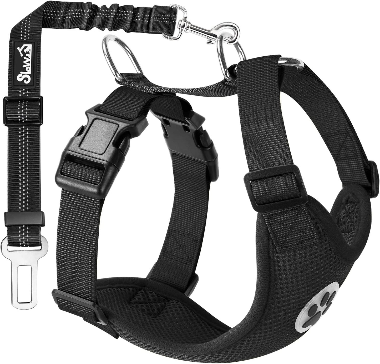 SlowTon Dog Seat Belt Harness for Car, Dog Car Harness Adjustable Mesh Breathable & Dog Seatbelt Safety Tether with Elastic Bungee for Small Medium Large Pets(Black, Single Clip, XS)
