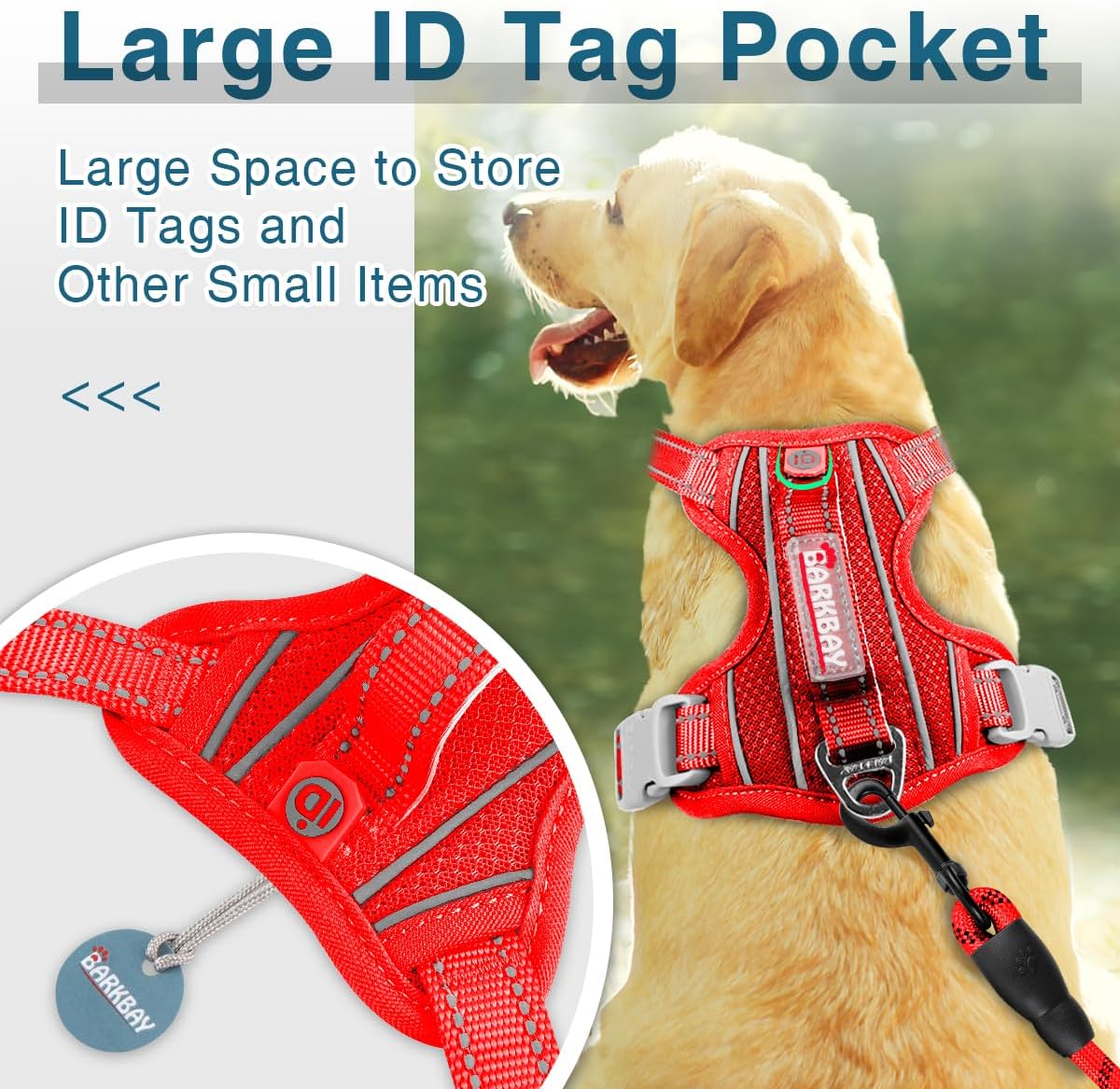 BARKBAY Dog Harness No Pull with ID Tag Pocket - Heavy Duty, Reflective, Easy Control for Large Dogs(Red,L)