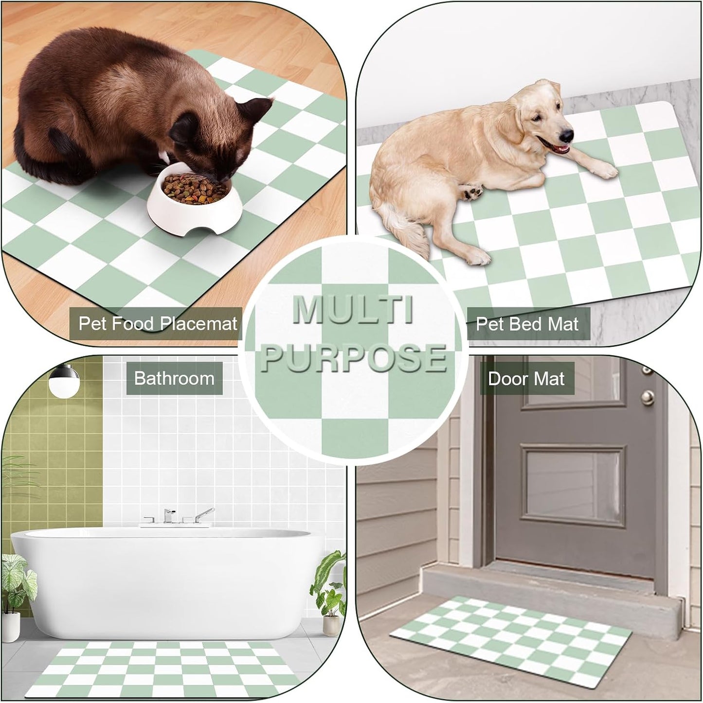 Cat Food Mat - 12"x 20" Cat Dog Mats for Food and Water Bowl, Checkered Pet Placemat Feeding Mat, Non-Slip Under Pet Bowls Mats for Messy Drinkers, Green & White